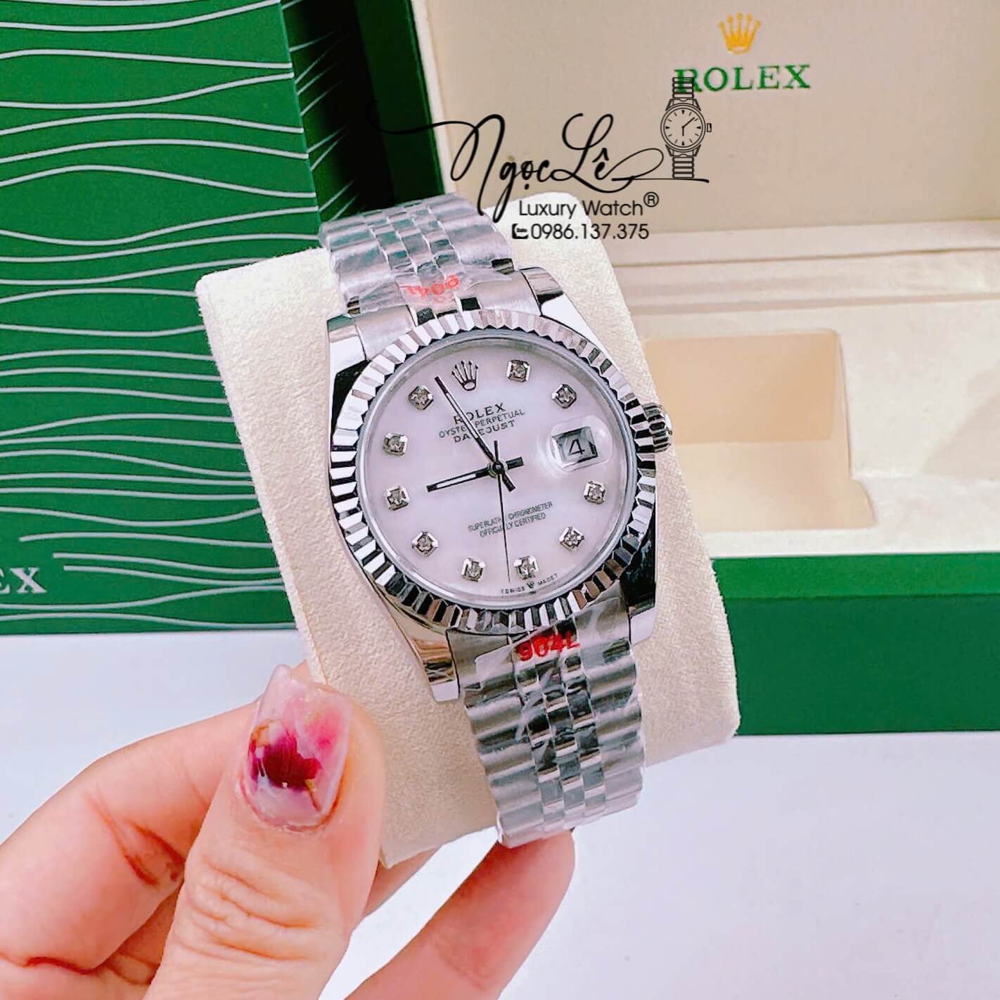Đồng Hồ Cặp Rolex Datejust Pin Dây Kim Loại Silver Mặt Trắng Xà Cừ 31mm - 36mm - 41mm