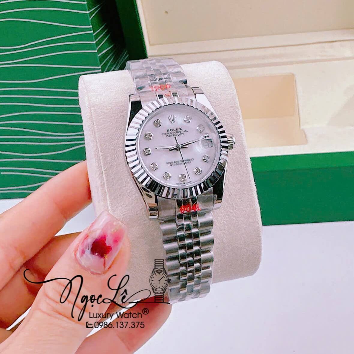 Đồng Hồ Cặp Rolex Datejust Pin Dây Kim Loại Silver Mặt Trắng Xà Cừ 31mm - 36mm - 41mm
