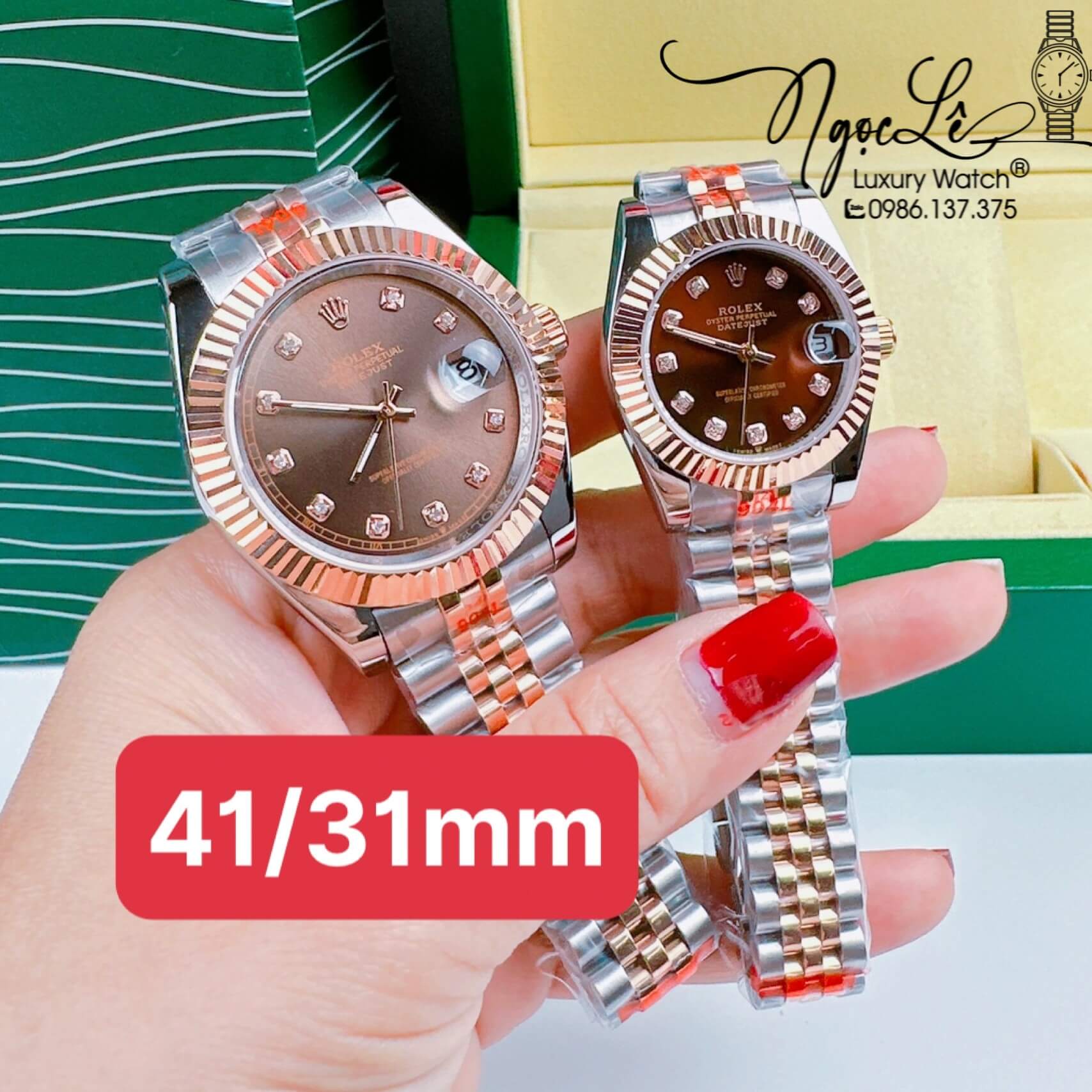 Đồng Hồ Cặp Rolex Datejust Pin Demi Rose Mặt Nâu Socola Niềng Khía Size 31mm 41mm