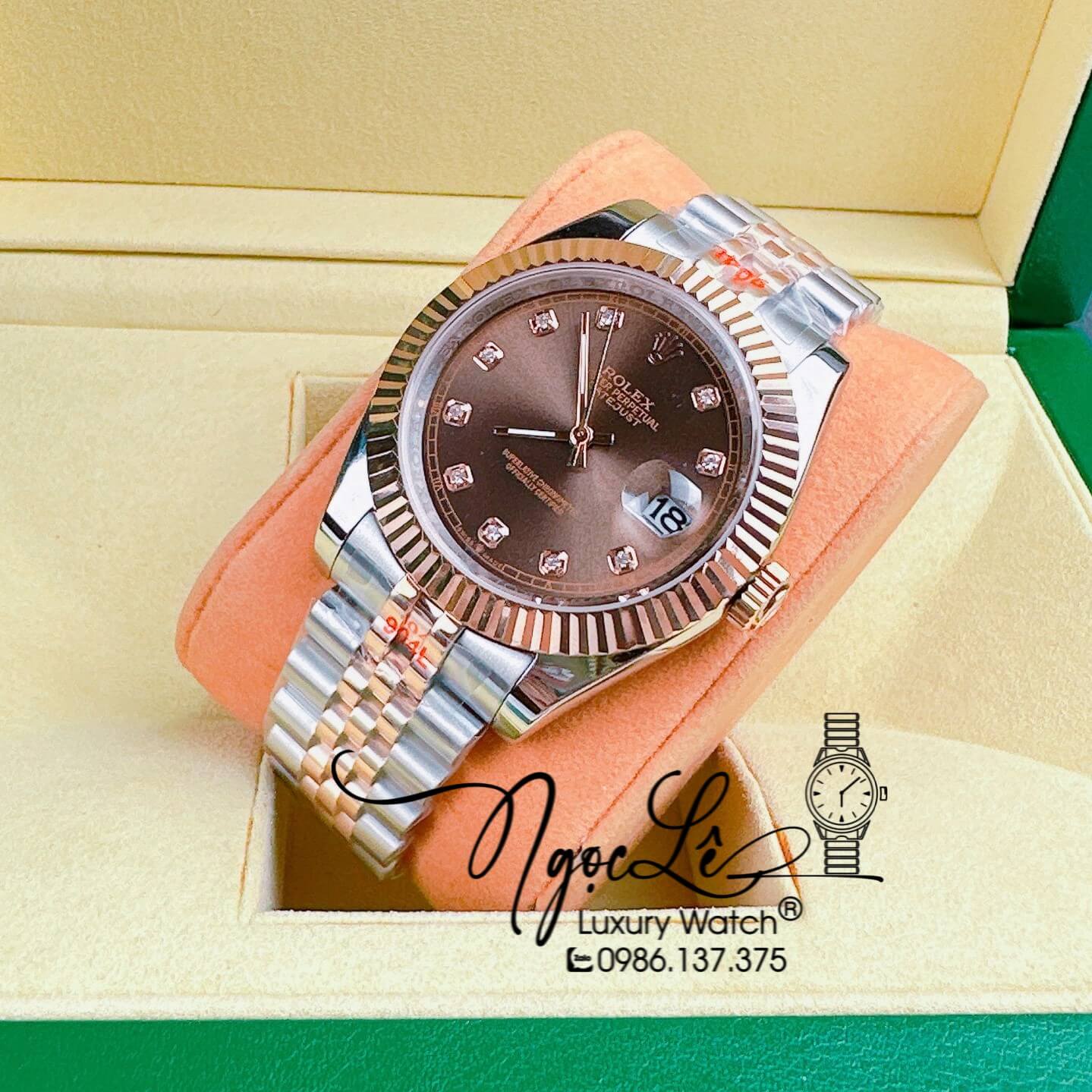 Đồng Hồ Cặp Rolex Datejust Pin Demi Rose Mặt Nâu Socola Niềng Khía Size 31mm 41mm