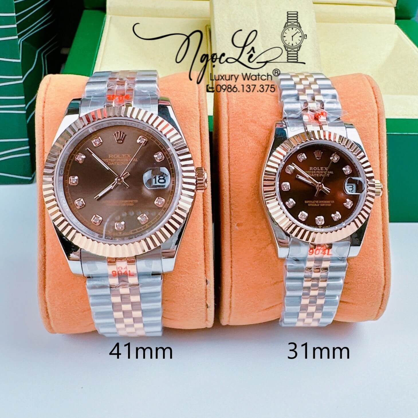 Đồng Hồ Cặp Rolex Datejust Pin Demi Rose Mặt Nâu Socola Niềng Khía Size 31mm 41mm