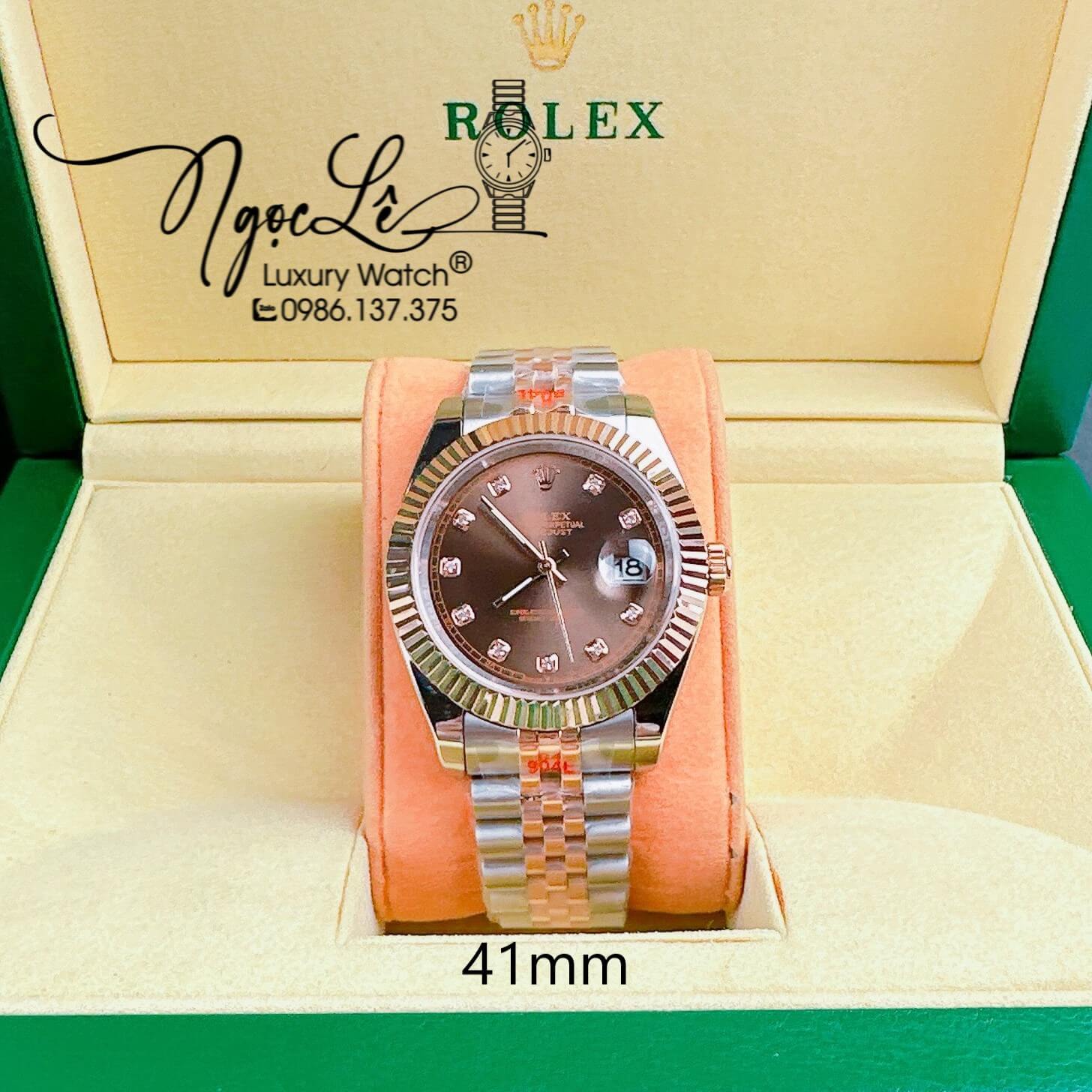 Đồng Hồ Cặp Rolex Datejust Pin Demi Rose Mặt Nâu Socola Niềng Khía Size 31mm 41mm