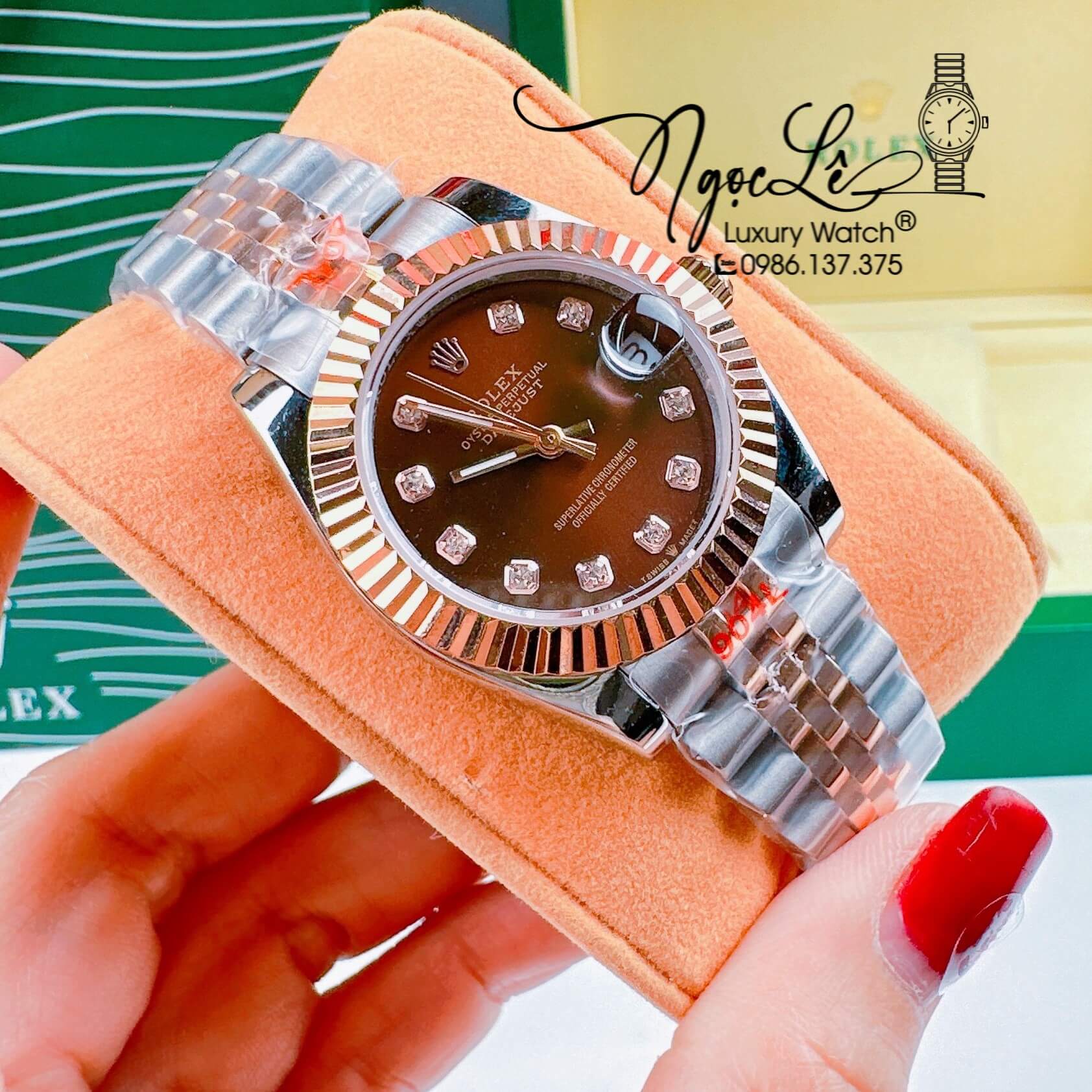 Đồng Hồ Cặp Rolex Datejust Pin Demi Rose Mặt Nâu Socola Niềng Khía Size 31mm 41mm