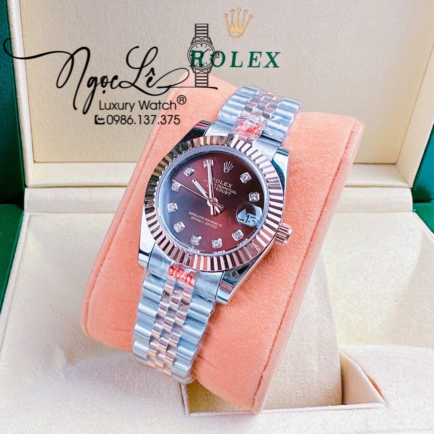 Đồng Hồ Cặp Rolex Datejust Pin Demi Rose Mặt Nâu Socola Niềng Khía Size 31mm 41mm