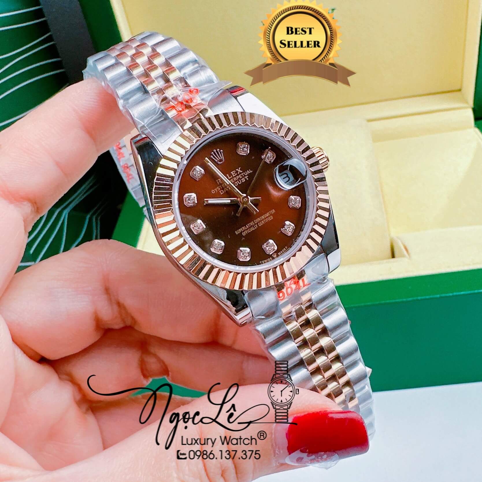 Đồng Hồ Cặp Rolex Datejust Pin Demi Rose Mặt Nâu Socola Niềng Khía Size 31mm 41mm