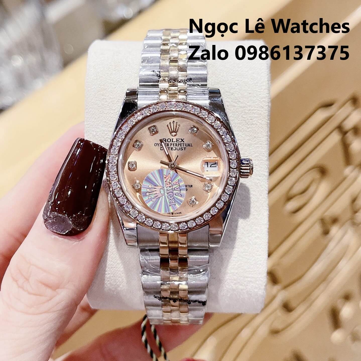 Đồng Hồ Cặp Rolex Datejust Pin Demi Rose Mặt Rose Viền Đá Size 41mm - 31mm