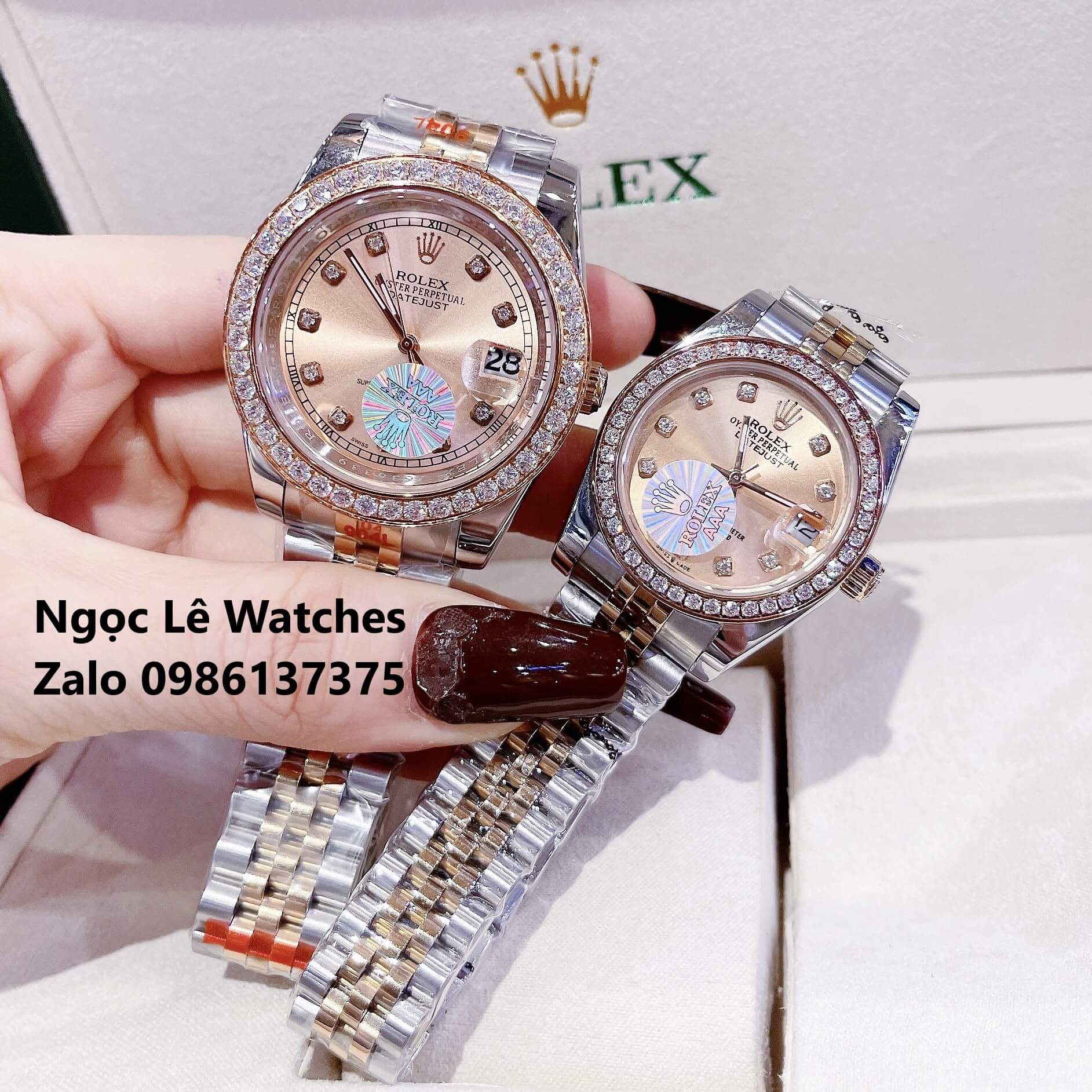 Đồng Hồ Cặp Rolex Datejust Pin Demi Rose Mặt Rose Viền Đá Size 41mm - 31mm