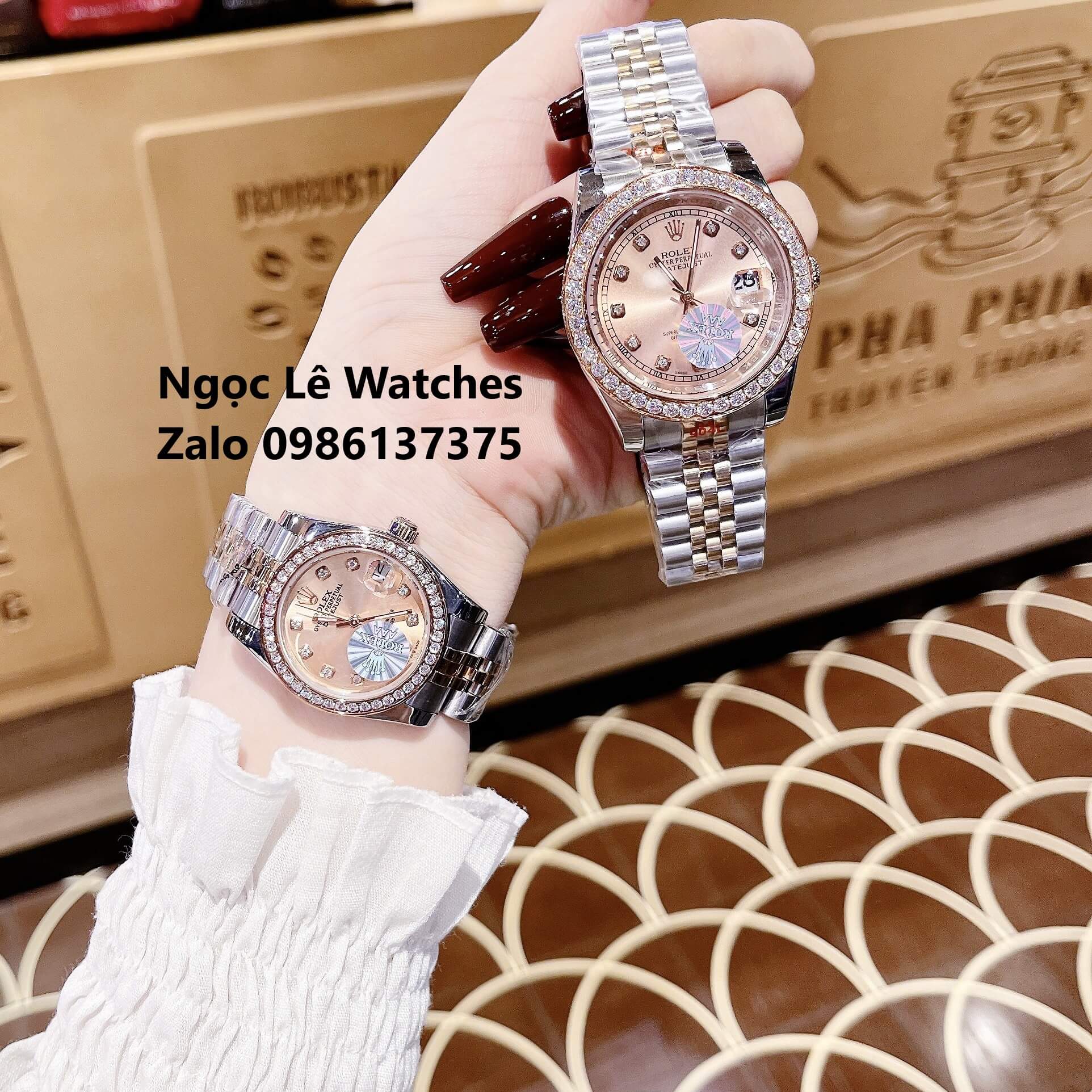 Đồng Hồ Cặp Rolex Datejust Pin Demi Rose Mặt Rose Viền Đá Size 41mm - 31mm