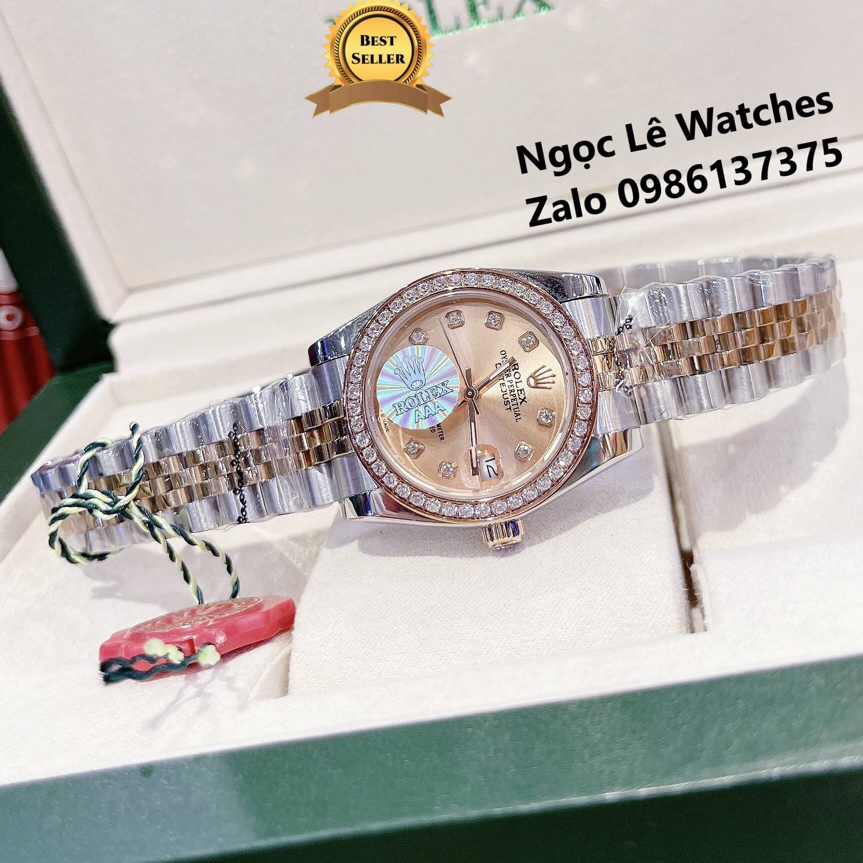 Đồng Hồ Cặp Rolex Datejust Pin Demi Rose Mặt Rose Viền Đá Size 41mm - 31mm