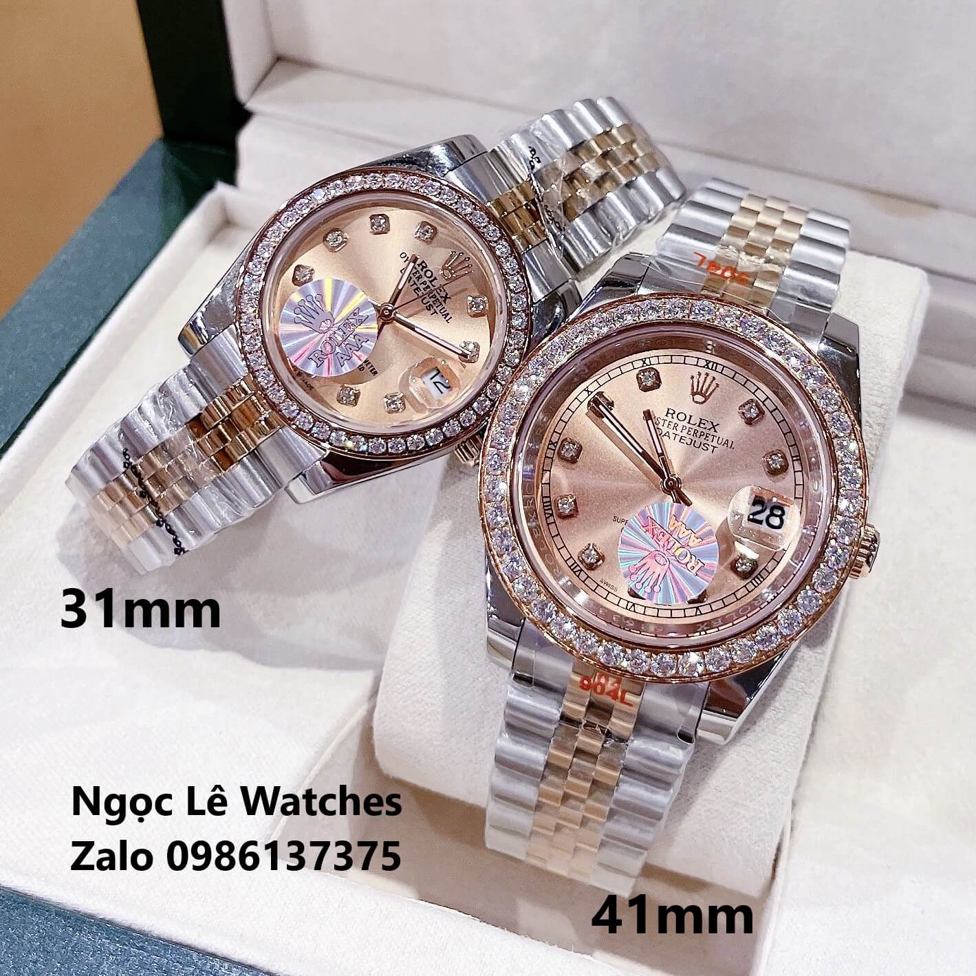 Đồng Hồ Cặp Rolex Datejust Pin Demi Rose Mặt Rose Viền Đá Size 41mm - 31mm