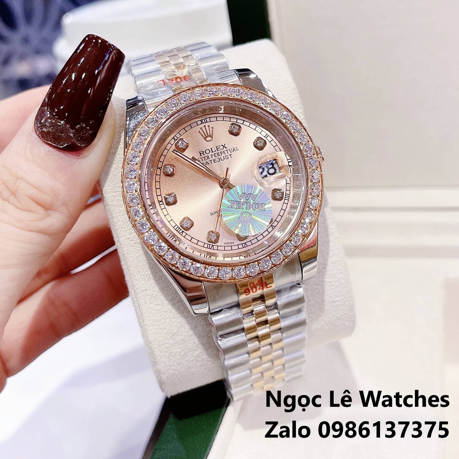Đồng Hồ Cặp Rolex Datejust Pin Demi Rose Mặt Rose Viền Đá Size 41mm - 31mm