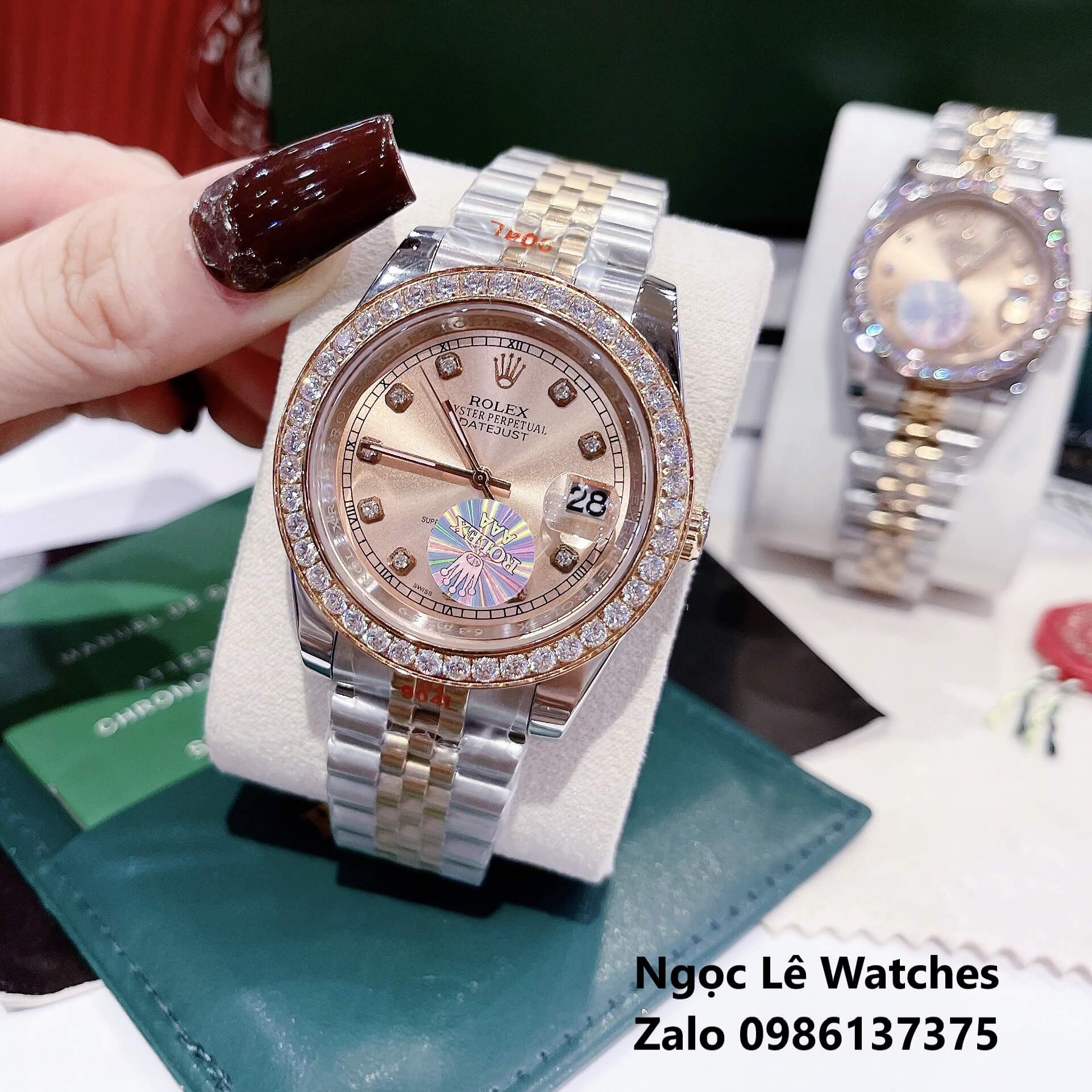 Đồng Hồ Cặp Rolex Datejust Pin Demi Rose Mặt Rose Viền Đá Size 41mm - 31mm
