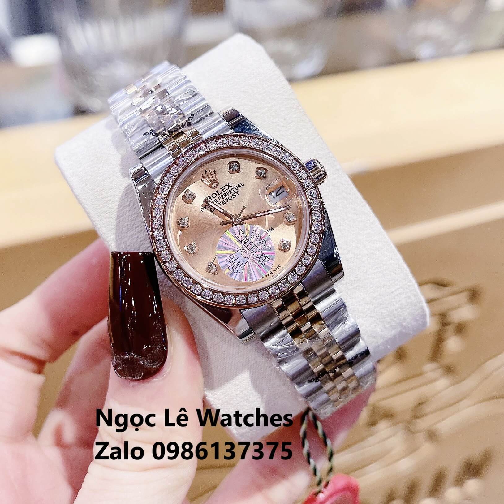Đồng Hồ Cặp Rolex Datejust Pin Demi Rose Mặt Rose Viền Đá Size 41mm - 31mm