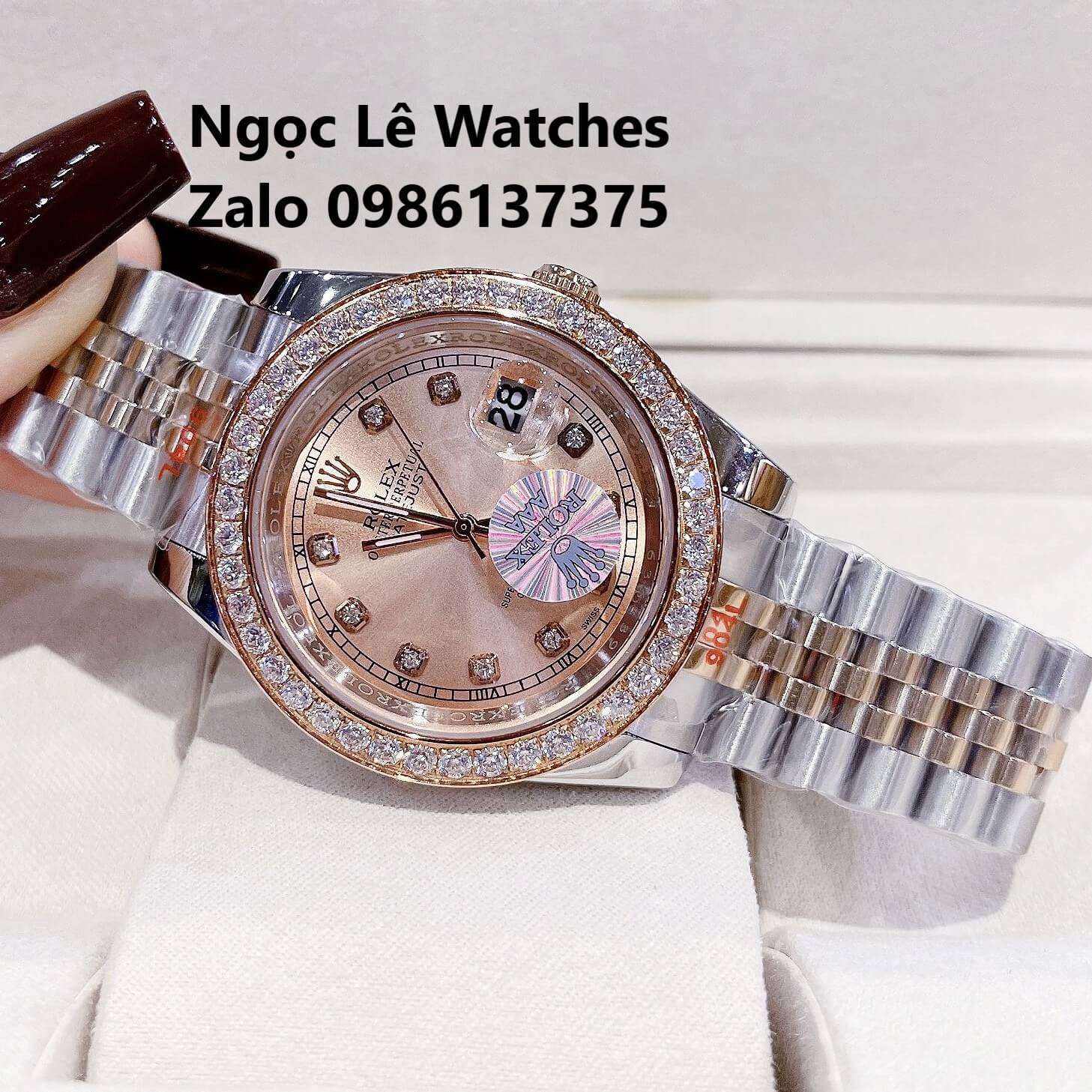 Đồng Hồ Cặp Rolex Datejust Pin Demi Rose Mặt Rose Viền Đá Size 41mm - 31mm