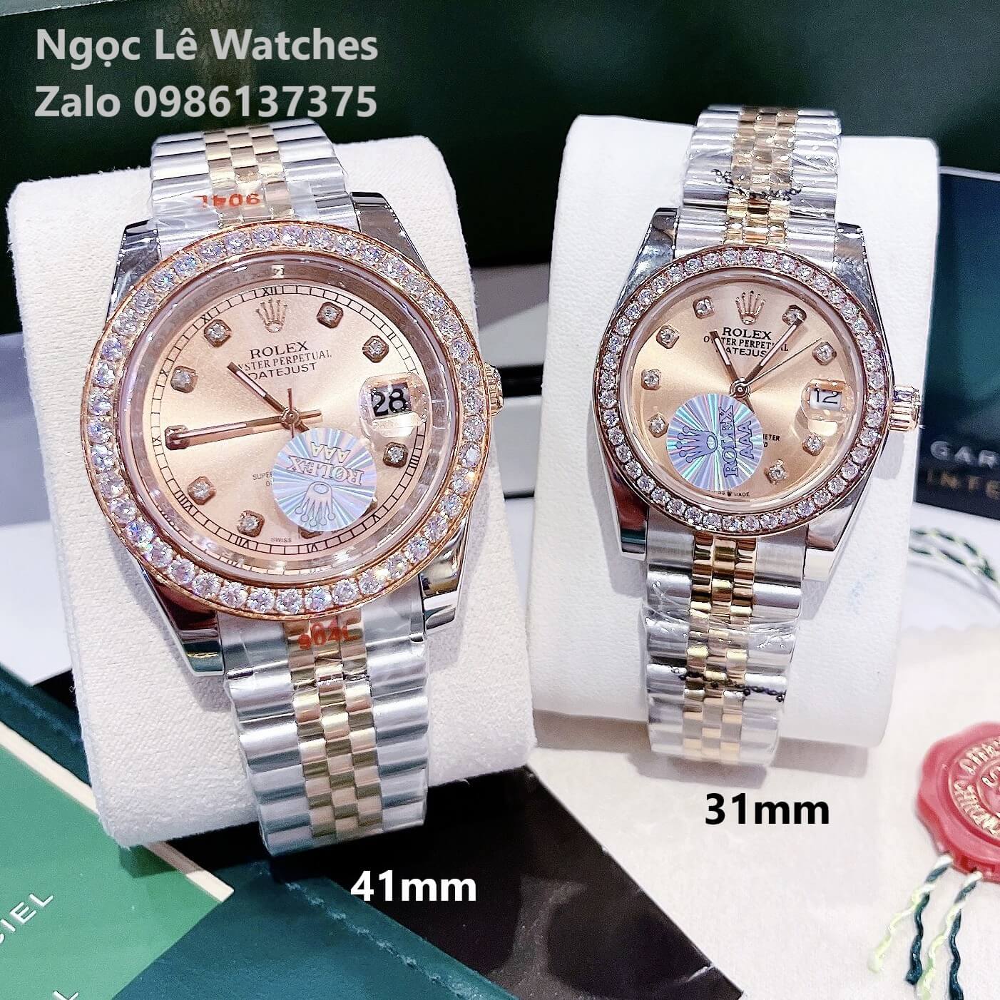 Đồng Hồ Cặp Rolex Datejust Pin Demi Rose Mặt Rose Viền Đá Size 41mm - 31mm