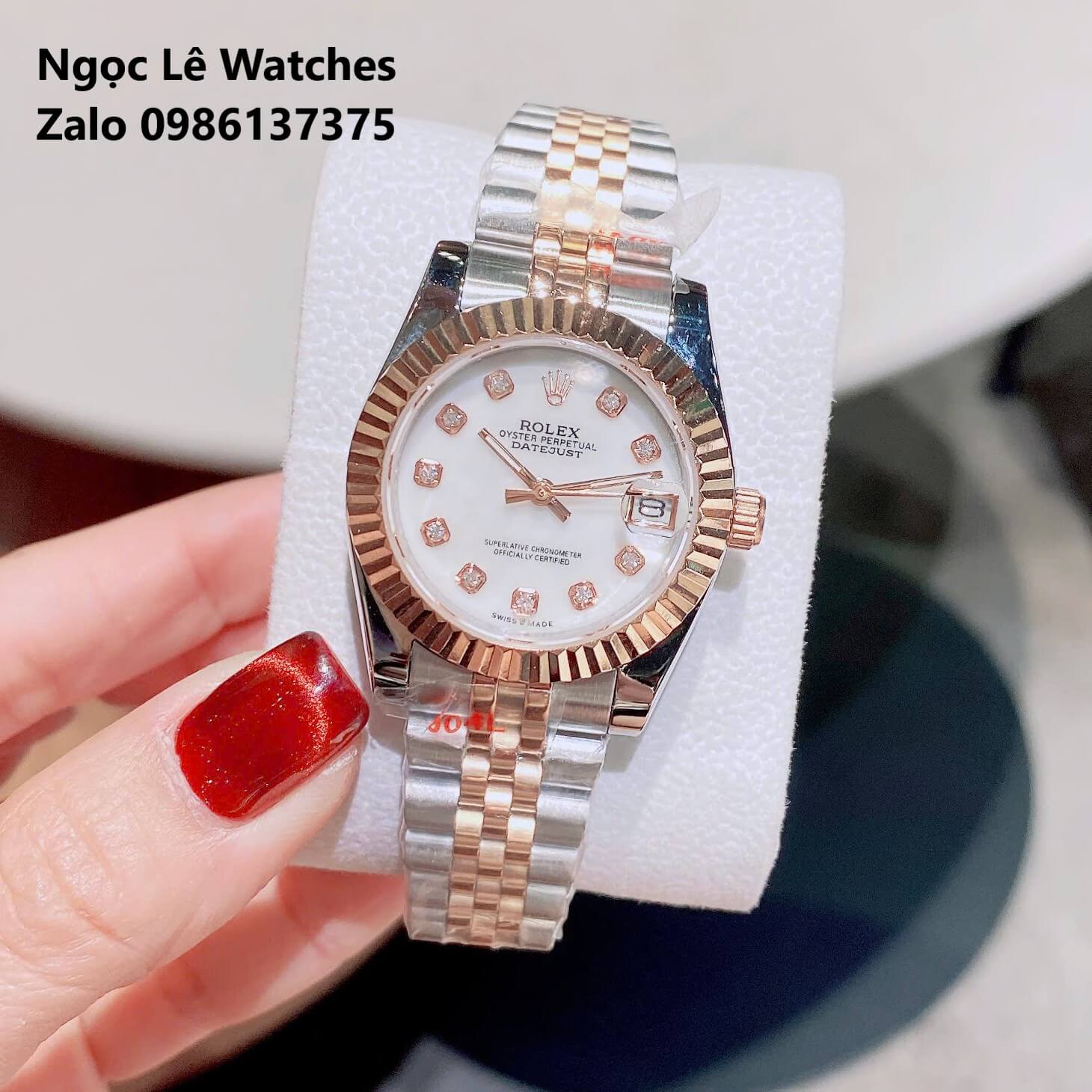 Đồng Hồ Cặp Rolex Datejust Pin Demi Rose Mặt Xà Cừ Niềng Khía Size 41mm-31mm