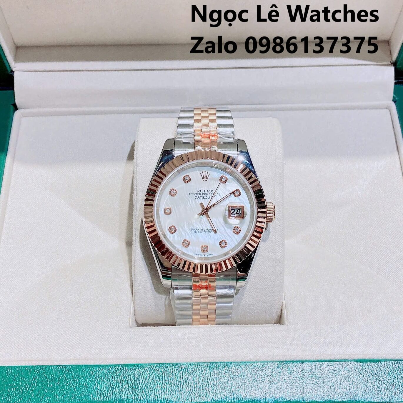 Đồng Hồ Cặp Rolex Datejust Pin Demi Rose Mặt Xà Cừ Niềng Khía Size 41mm-31mm