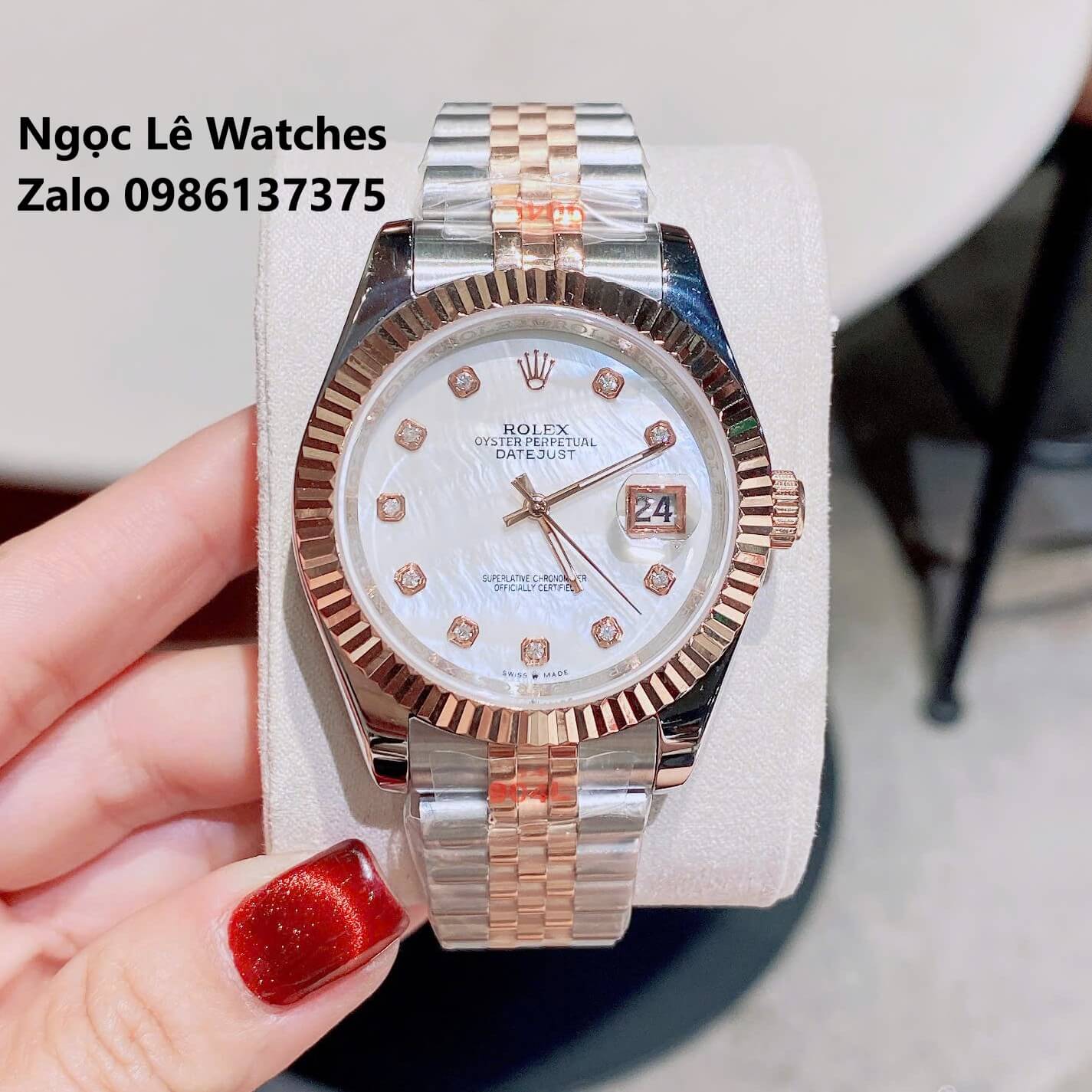 Đồng Hồ Cặp Rolex Datejust Pin Demi Rose Mặt Xà Cừ Niềng Khía Size 41mm-31mm
