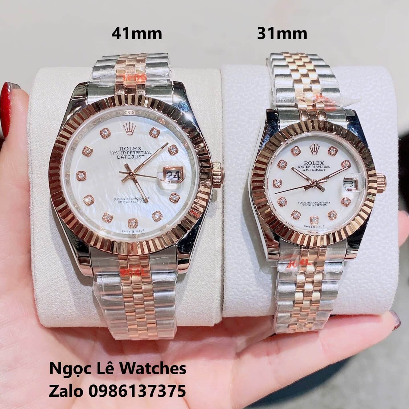 Đồng Hồ Cặp Rolex Datejust Pin Demi Rose Mặt Xà Cừ Niềng Khía Size 41mm-31mm