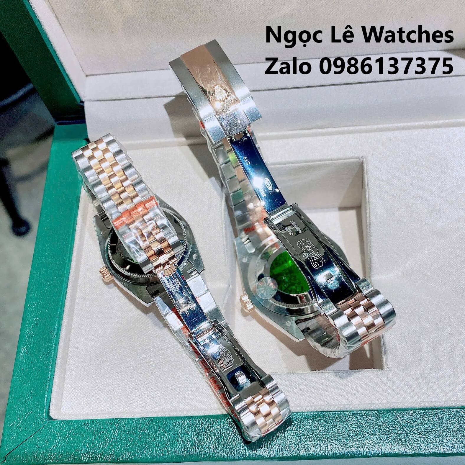 Đồng Hồ Cặp Rolex Datejust Pin Demi Rose Mặt Xà Cừ Niềng Khía Size 41mm-31mm