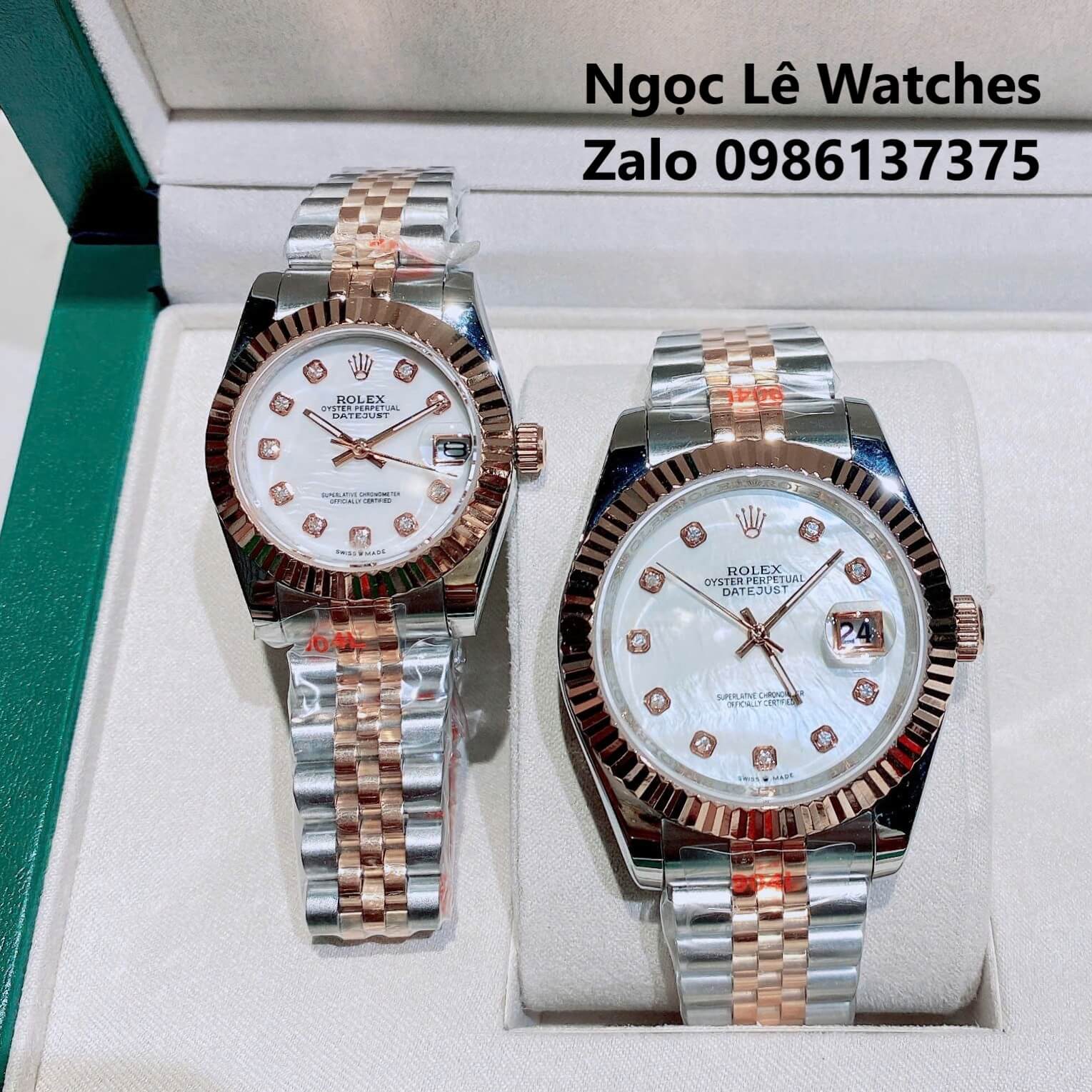 Đồng Hồ Cặp Rolex Datejust Pin Demi Rose Mặt Xà Cừ Niềng Khía Size 41mm-31mm