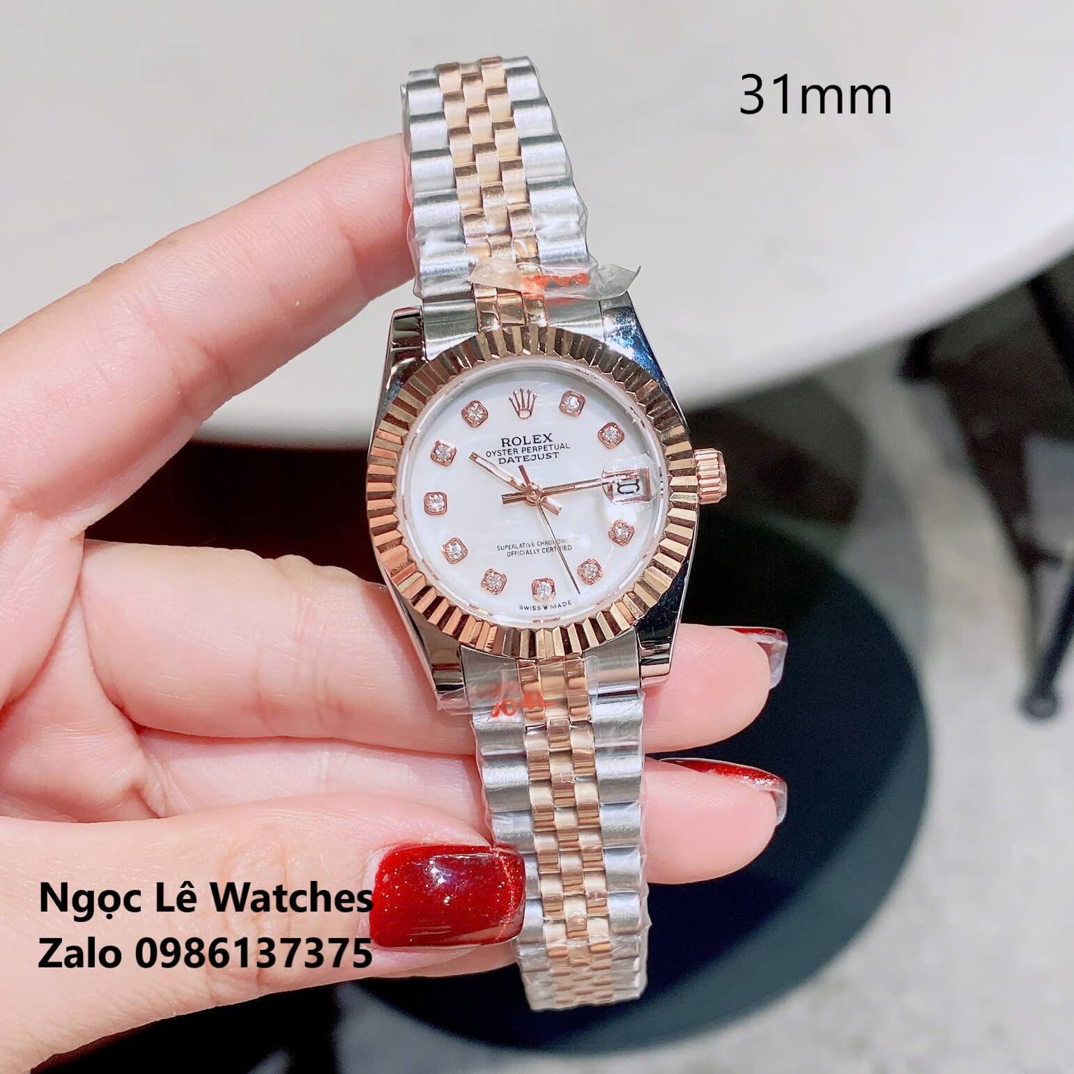 Đồng Hồ Cặp Rolex Datejust Pin Demi Rose Mặt Xà Cừ Niềng Khía Size 41mm-31mm