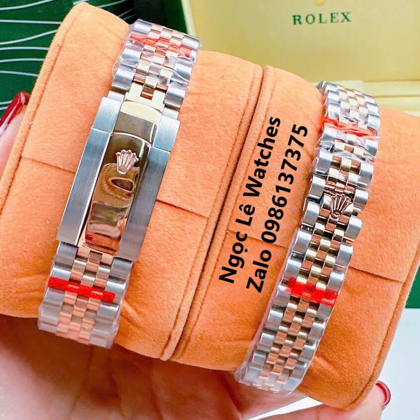 Đồng Hồ Cặp Rolex Datejust Pin Demi Rose Mặt Xà Cừ Niềng Khía Size 41mm-31mm