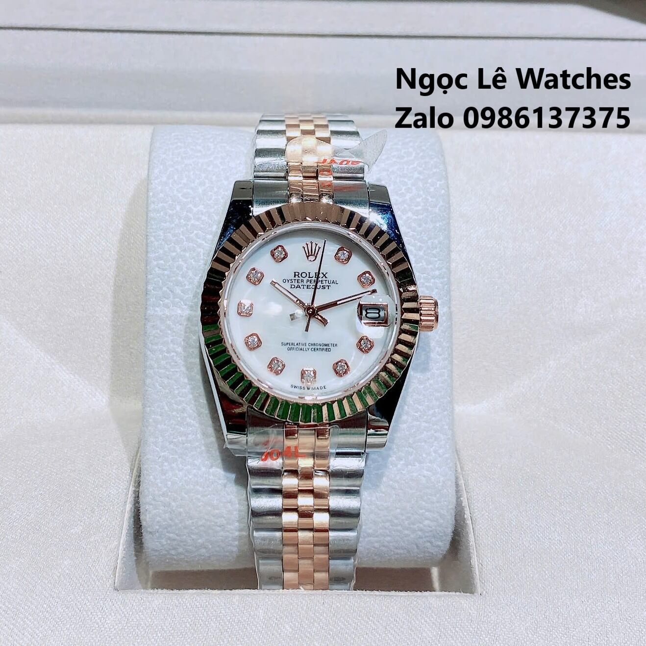 Đồng Hồ Cặp Rolex Datejust Pin Demi Rose Mặt Xà Cừ Niềng Khía Size 41mm-31mm