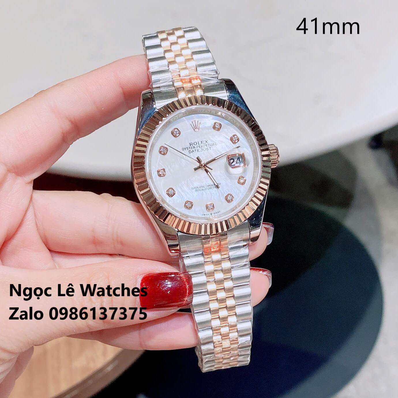 Đồng Hồ Cặp Rolex Datejust Pin Demi Rose Mặt Xà Cừ Niềng Khía Size 41mm-31mm