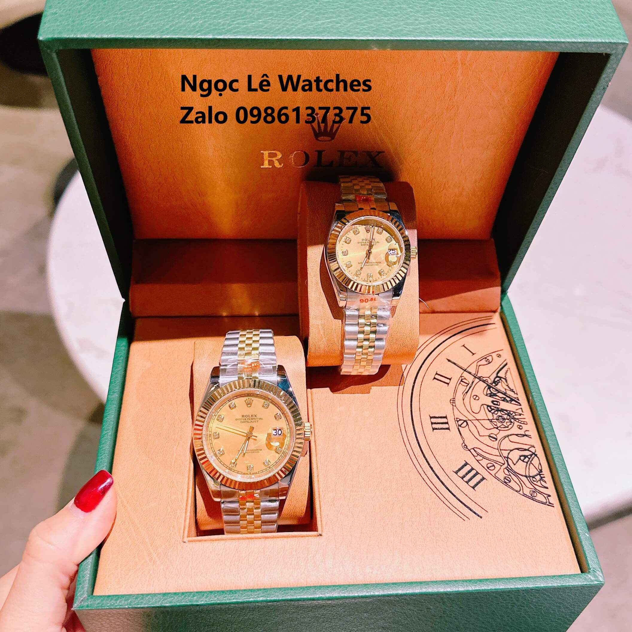 Đồng Hồ Cặp Rolex Datejust Pin Demi Vàng Gold Mặt Vàng Niềng Khía Size 41mm - 31mm