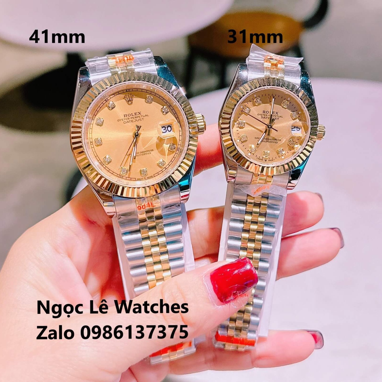 Đồng Hồ Cặp Rolex Datejust Pin Demi Vàng Gold Mặt Vàng Niềng Khía Size 41mm - 31mm