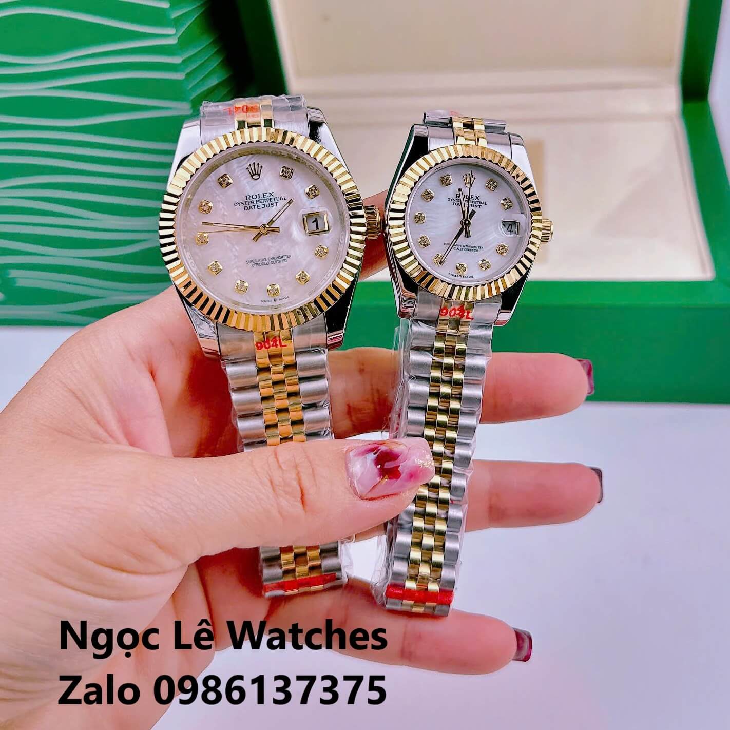 Đồng Hồ Cặp Rolex Datejust Pin Demi Vàng Gold Mặt Xà Cừ Niềng Khía Size 41mm - 31mm