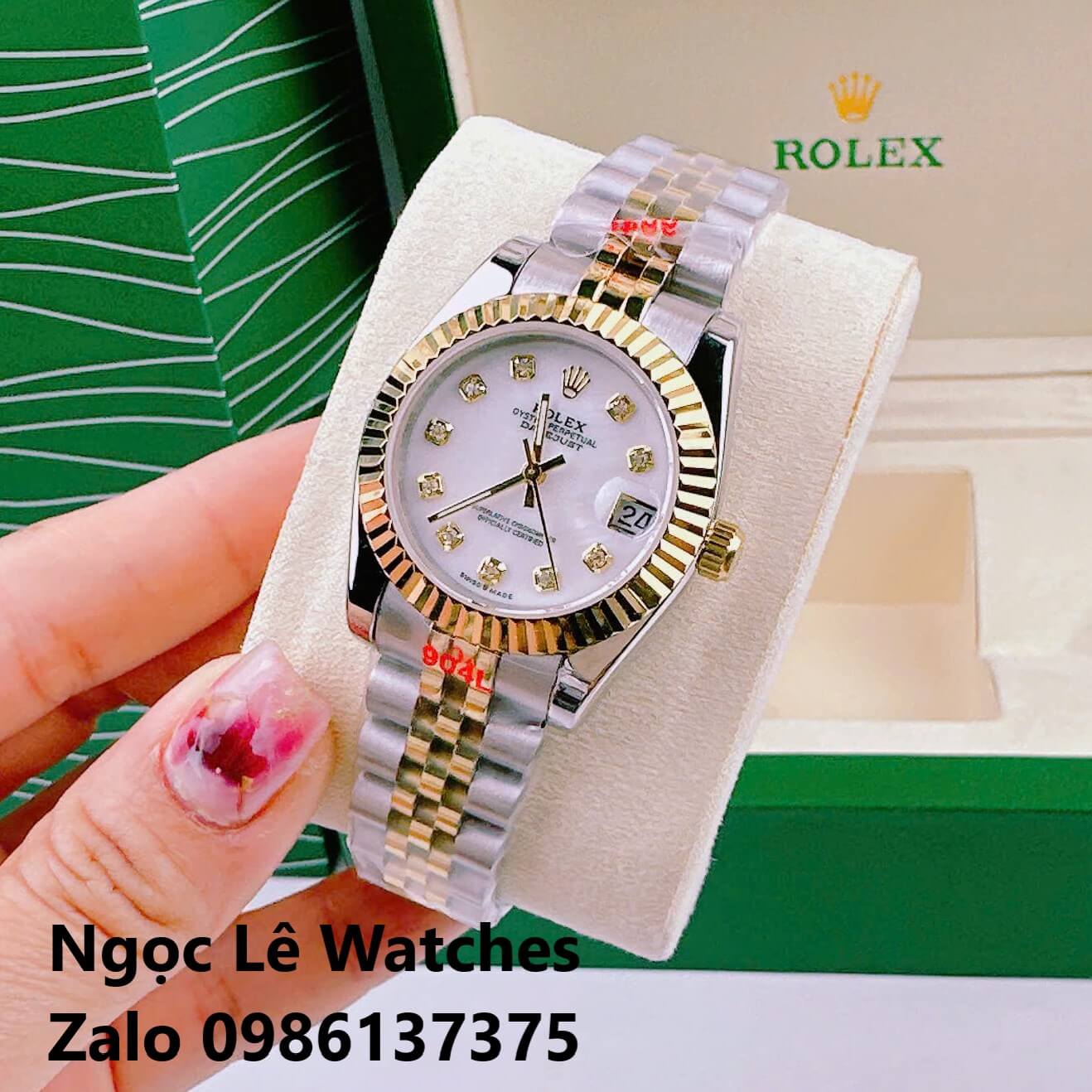 Đồng Hồ Cặp Rolex Datejust Pin Demi Vàng Gold Mặt Xà Cừ Niềng Khía Size 41mm - 31mm