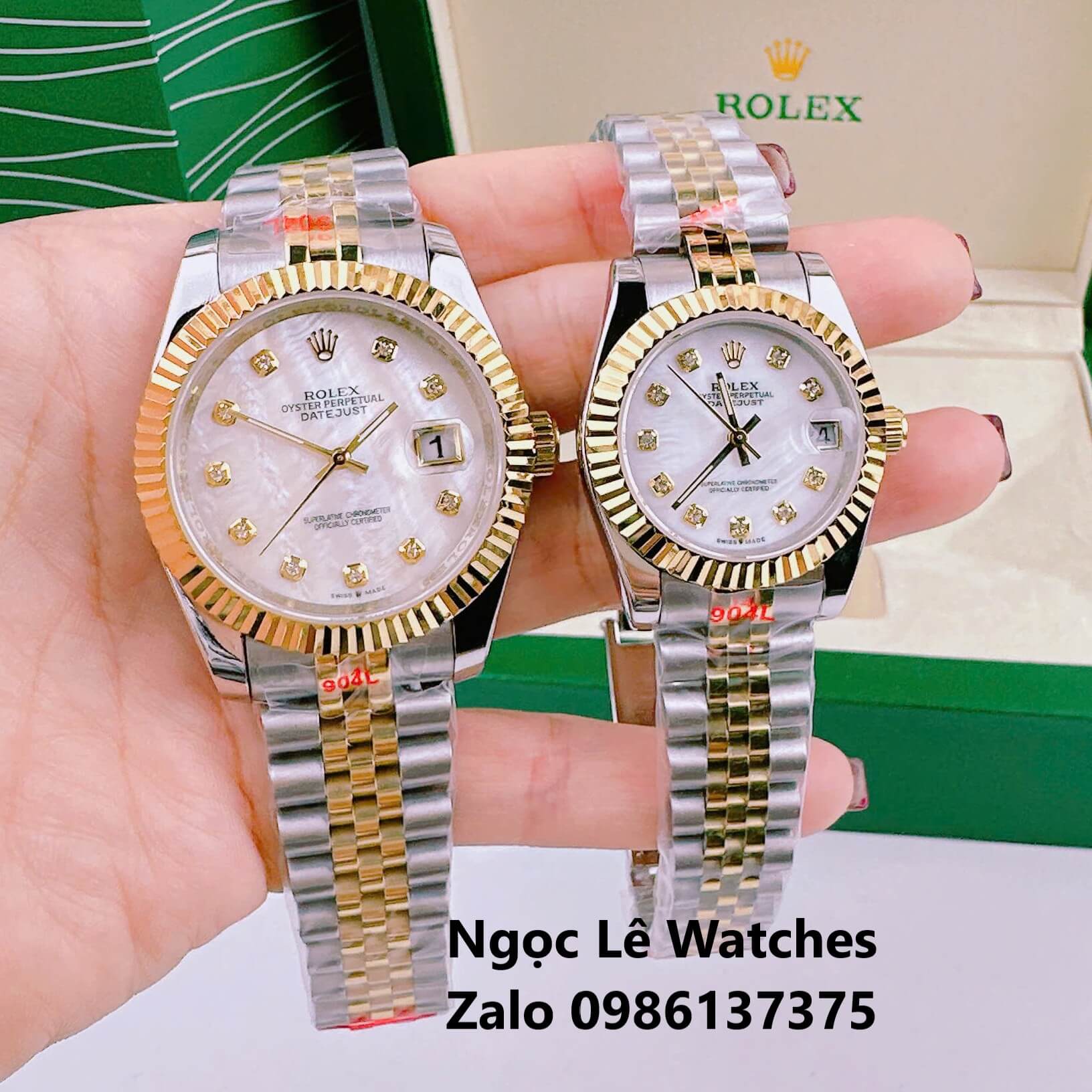 Đồng Hồ Cặp Rolex Datejust Pin Demi Vàng Gold Mặt Xà Cừ Niềng Khía Size 41mm - 31mm