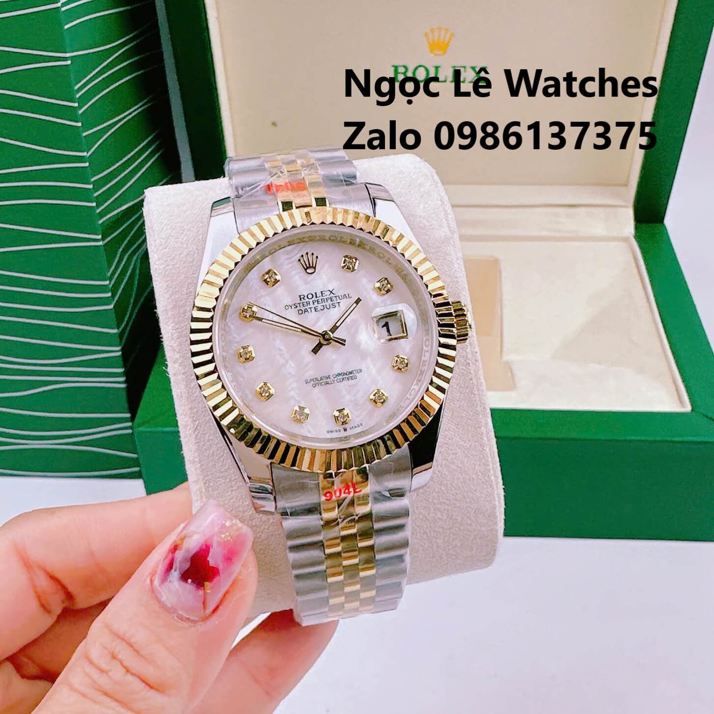 Đồng Hồ Cặp Rolex Datejust Pin Demi Vàng Gold Mặt Xà Cừ Niềng Khía Size 41mm - 31mm