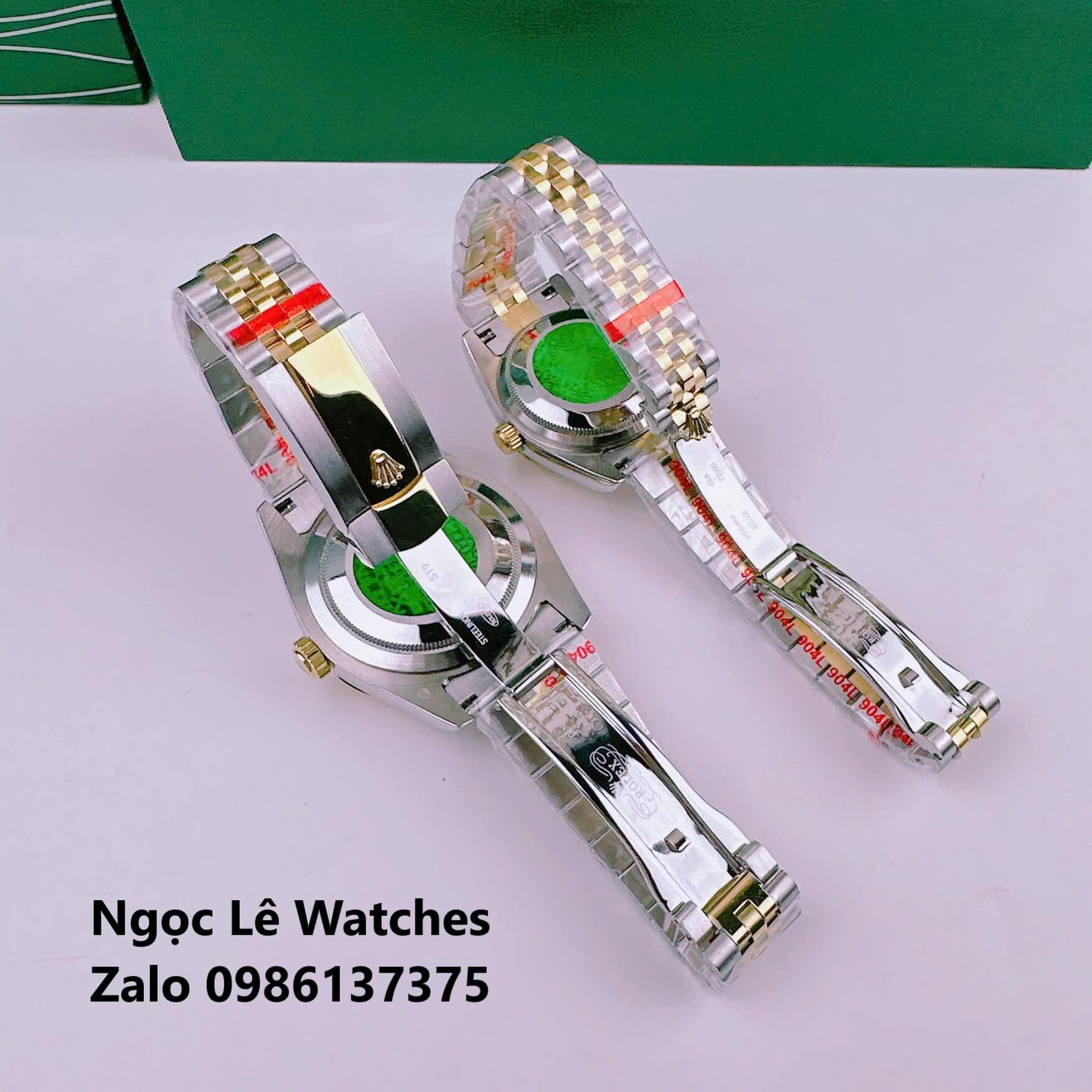 Đồng Hồ Cặp Rolex Datejust Pin Demi Vàng Gold Mặt Xà Cừ Niềng Khía Size 41mm - 31mm