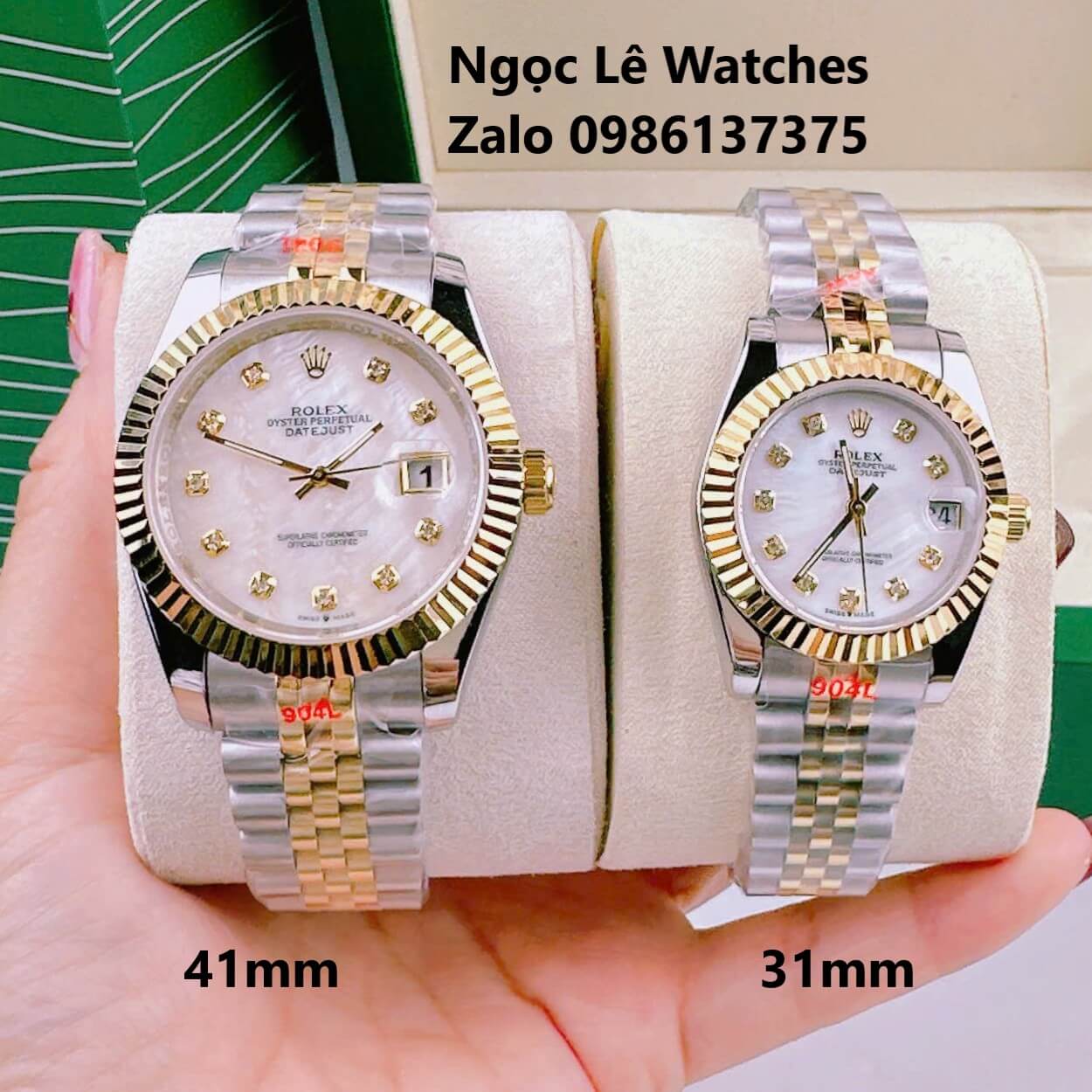 Đồng Hồ Cặp Rolex Datejust Pin Demi Vàng Gold Mặt Xà Cừ Niềng Khía Size 41mm - 31mm