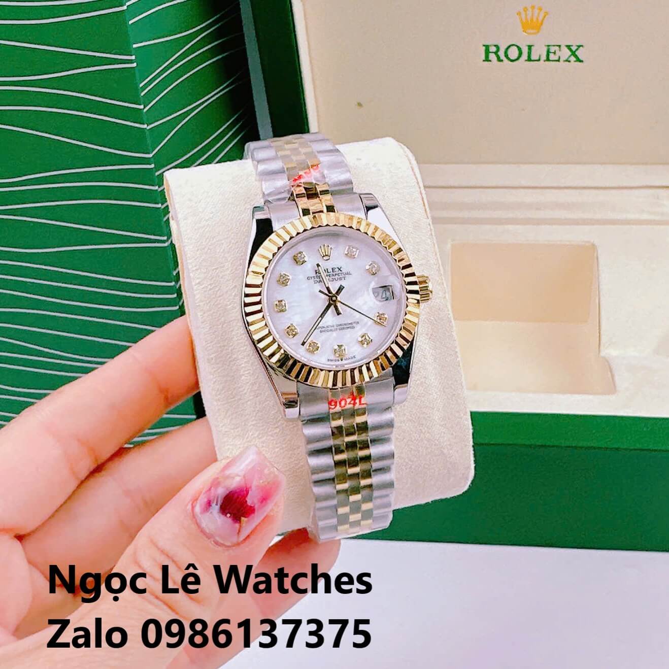 Đồng Hồ Cặp Rolex Datejust Pin Demi Vàng Gold Mặt Xà Cừ Niềng Khía Size 41mm - 31mm