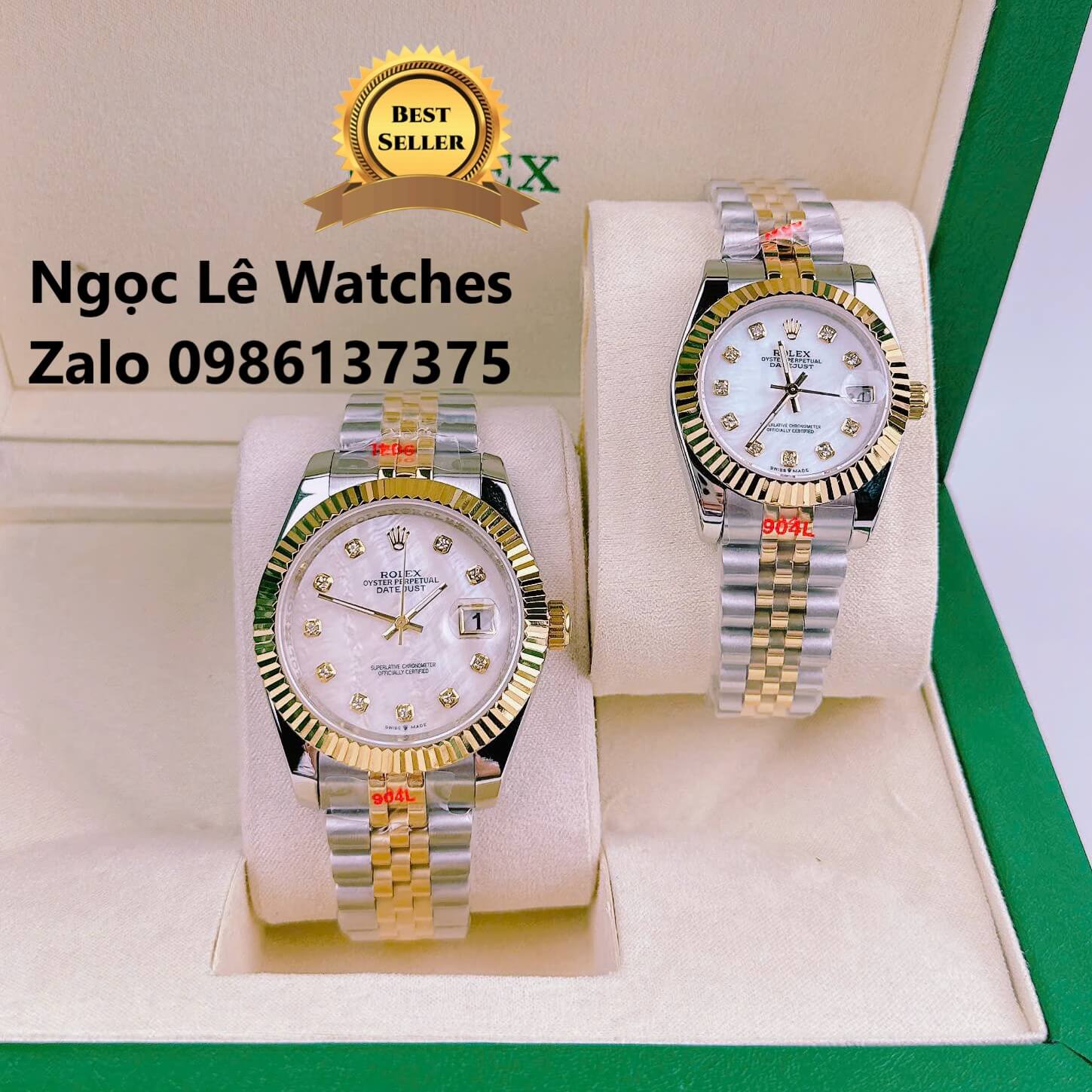 Đồng Hồ Cặp Rolex Datejust Pin Demi Vàng Gold Mặt Xà Cừ Niềng Khía Size 41mm - 31mm