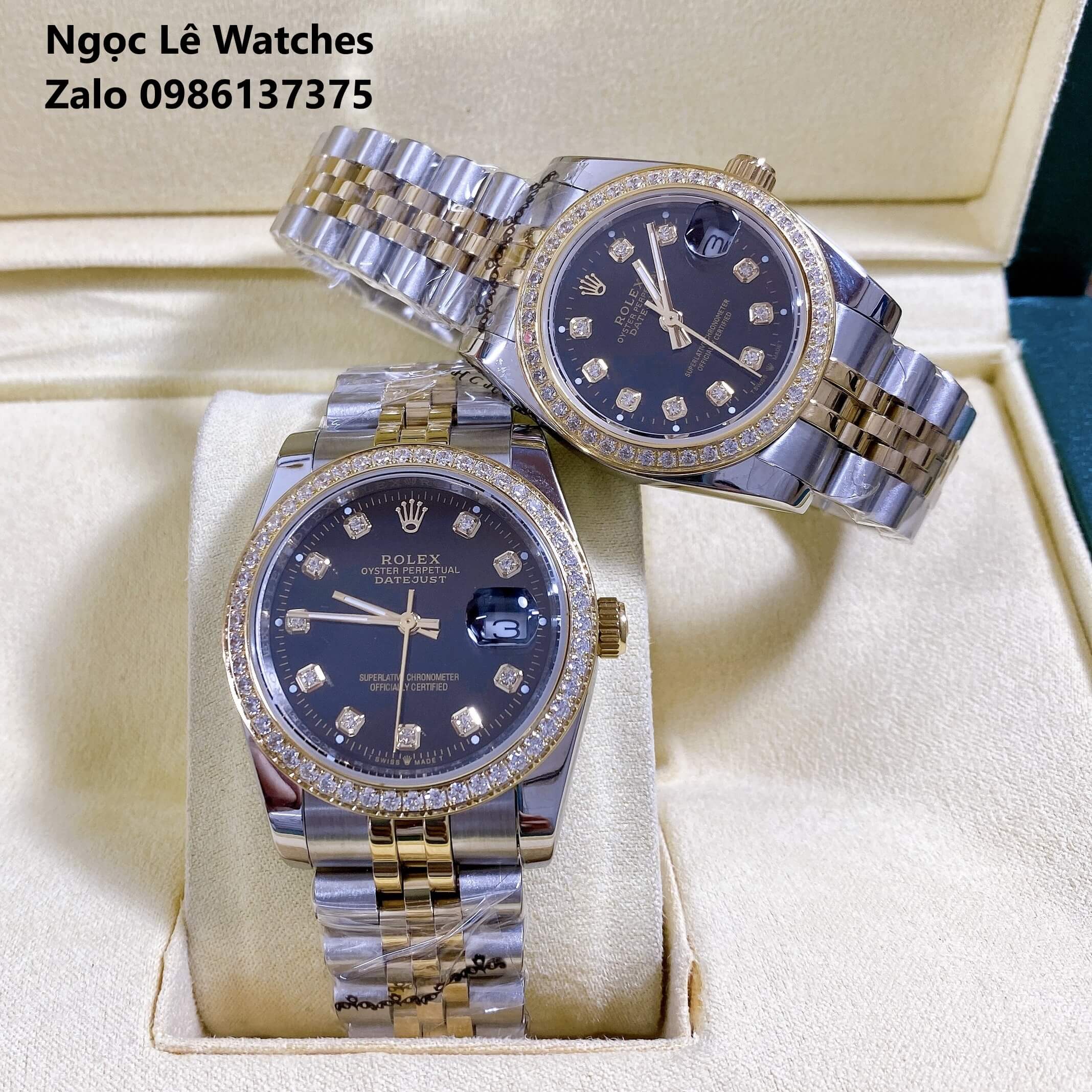 Đồng Hồ Cặp Rolex Datejust Pin Màu Demi Vàng Mặt Đen Viền Đá Size 36mm - 31mm