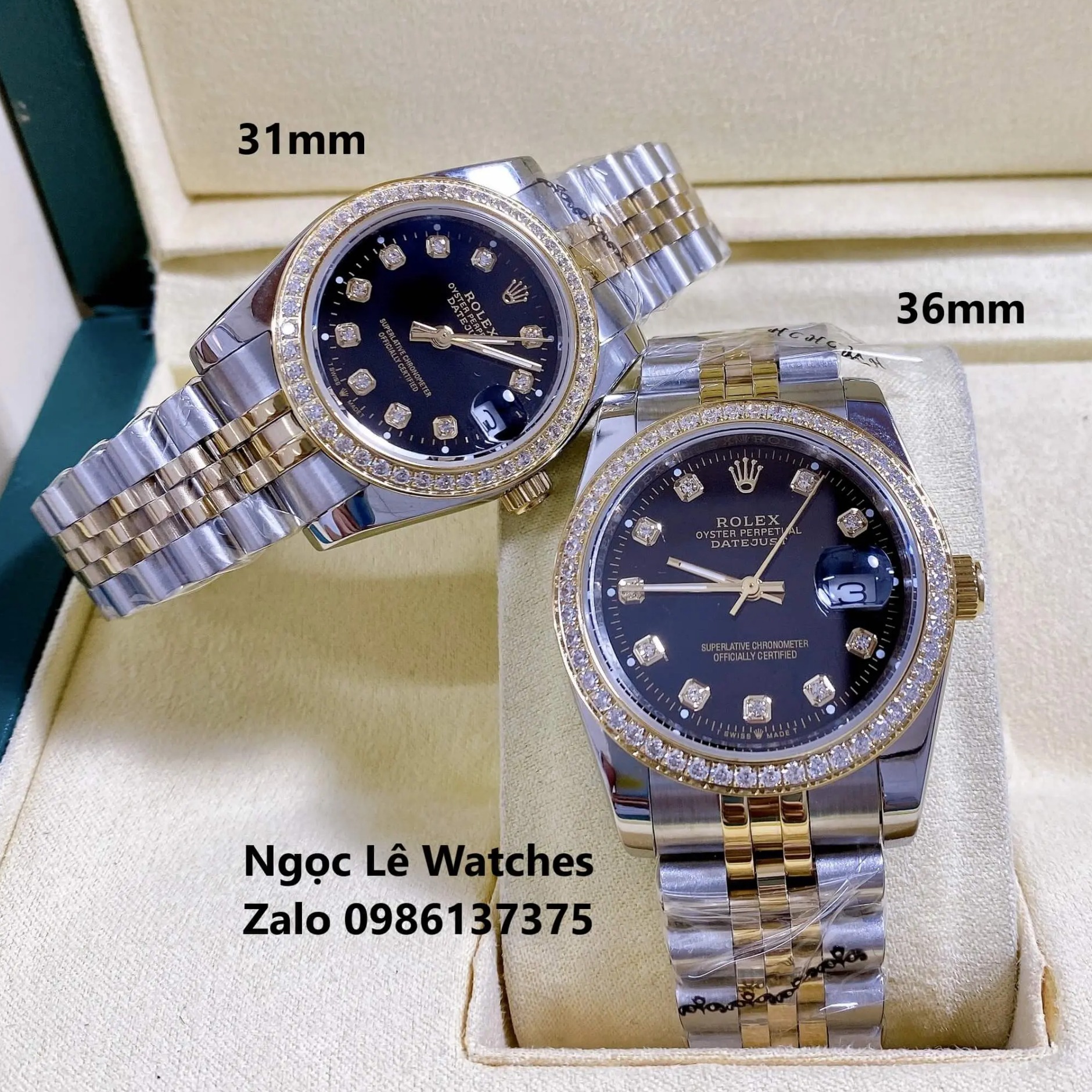 Đồng Hồ Cặp Rolex Datejust Pin Màu Demi Vàng Mặt Đen Viền Đá Size 36mm - 31mm