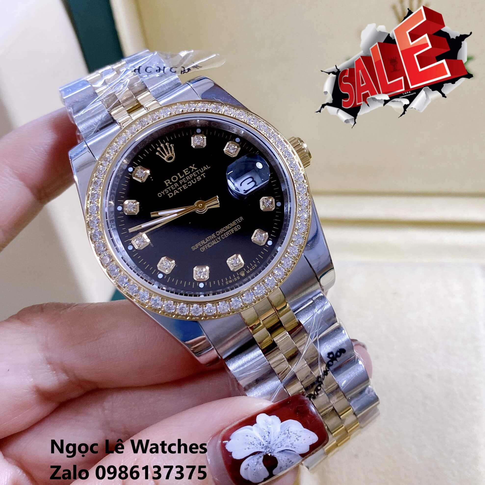 Đồng Hồ Cặp Rolex Datejust Pin Màu Demi Vàng Mặt Đen Viền Đá Size 36mm - 31mm