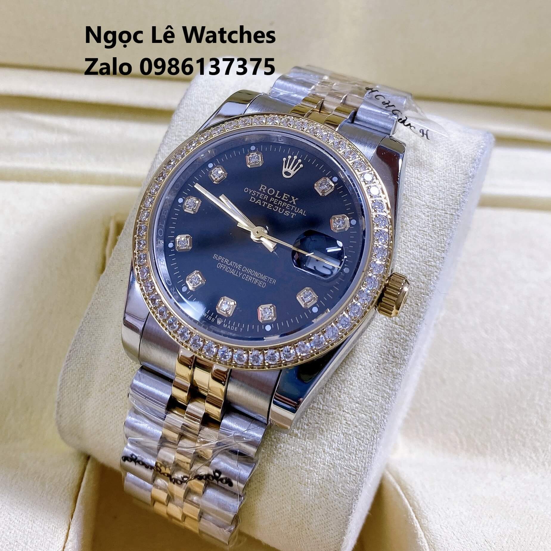 Đồng Hồ Cặp Rolex Datejust Pin Màu Demi Vàng Mặt Đen Viền Đá Size 36mm - 31mm