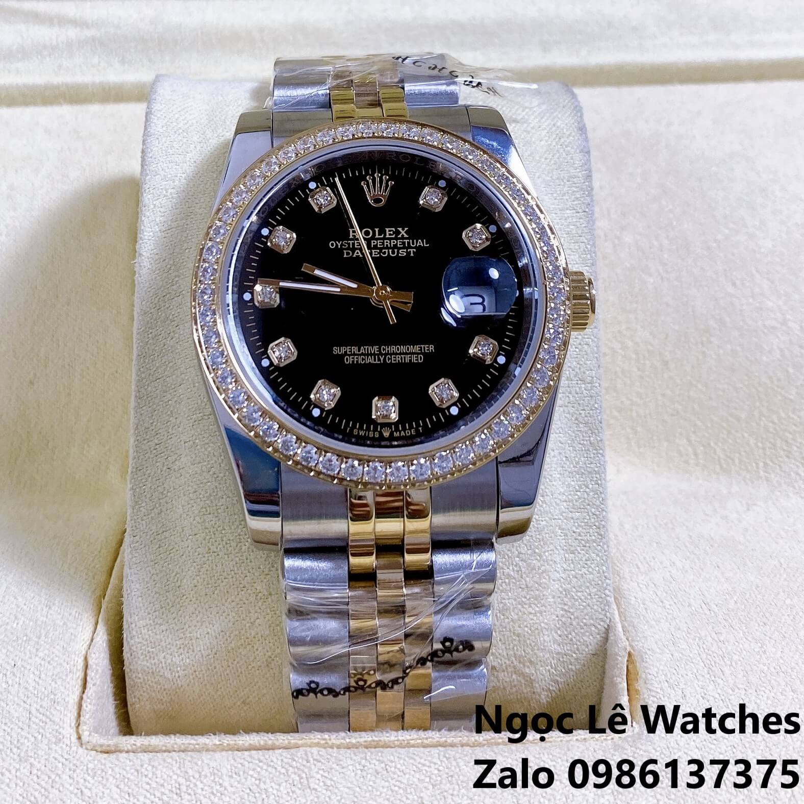 Đồng Hồ Cặp Rolex Datejust Pin Màu Demi Vàng Mặt Đen Viền Đá Size 36mm - 31mm