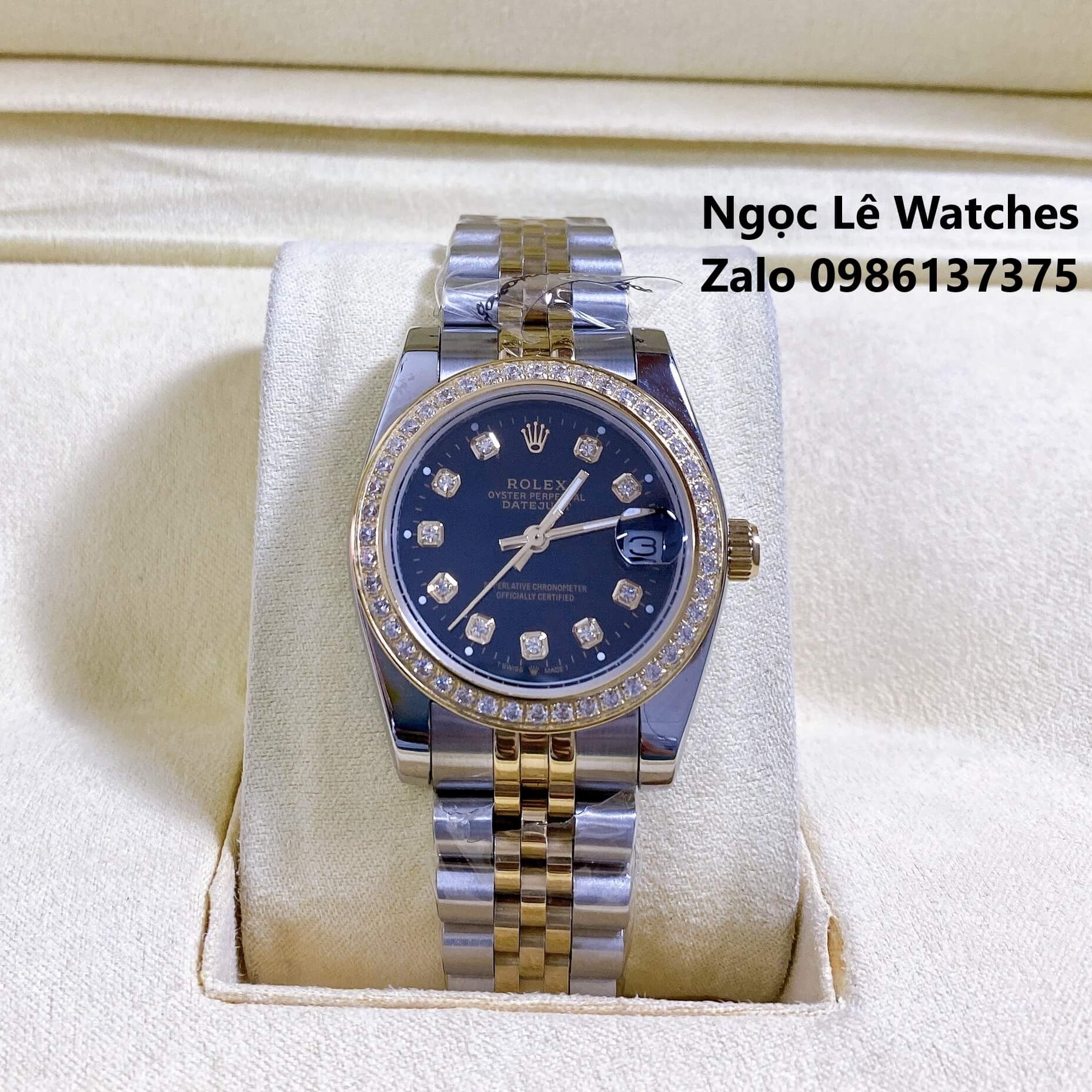 Đồng Hồ Cặp Rolex Datejust Pin Màu Demi Vàng Mặt Đen Viền Đá Size 36mm - 31mm