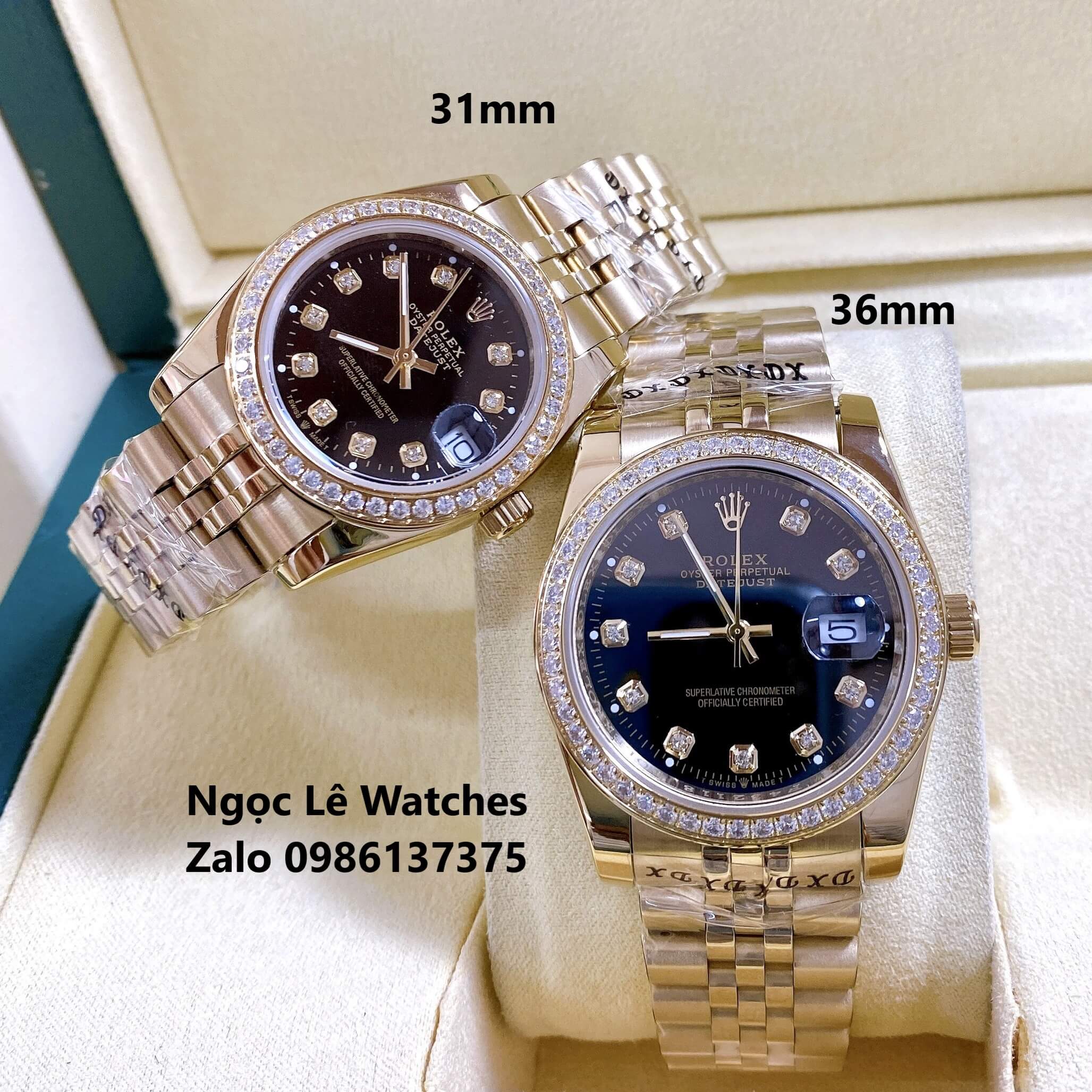Đồng Hồ Cặp Rolex Datejust Pin Màu Vàng Mặt Đen Viền Đá Size 36mm - 31mm