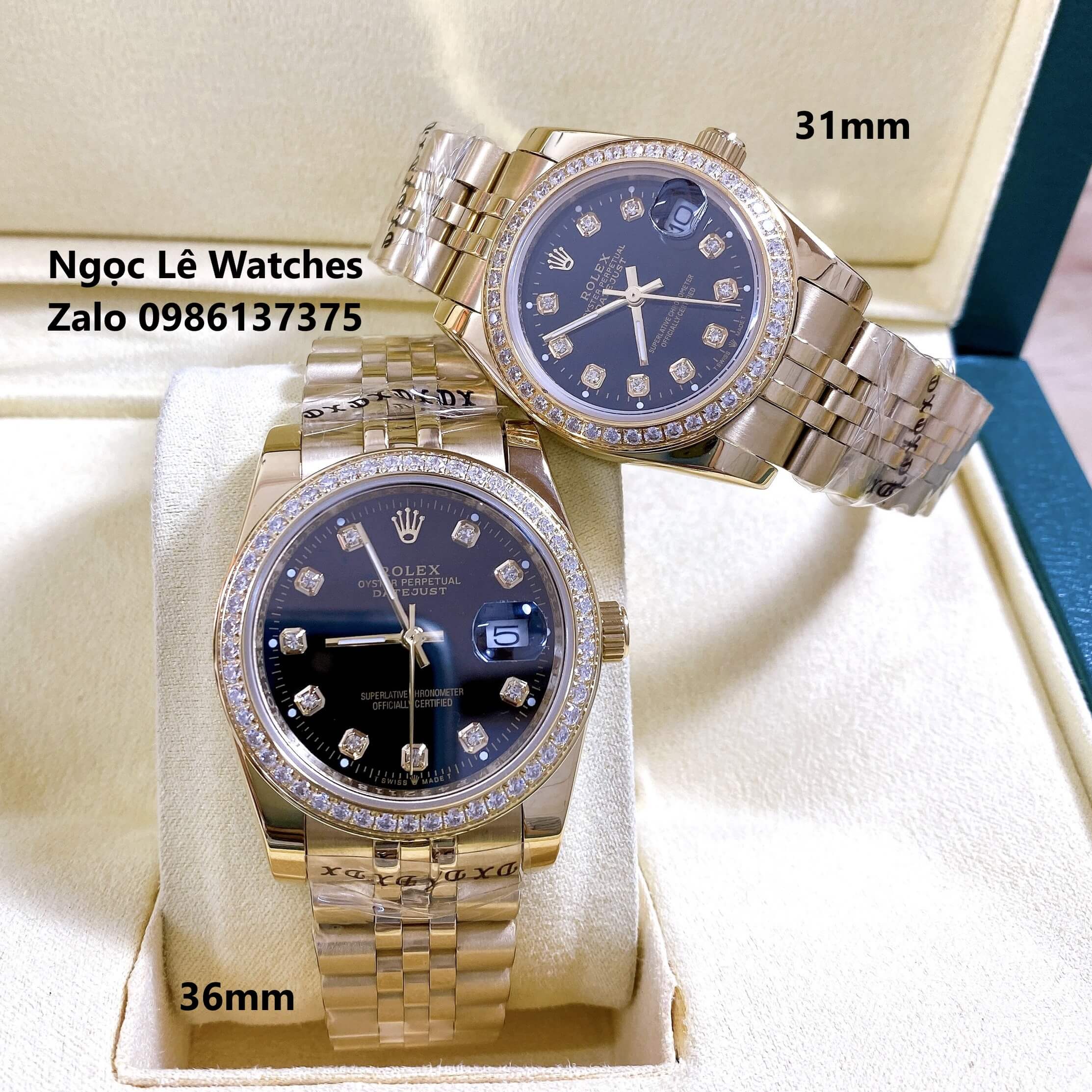 Đồng Hồ Cặp Rolex Datejust Pin Màu Vàng Mặt Đen Viền Đá Size 36mm - 31mm