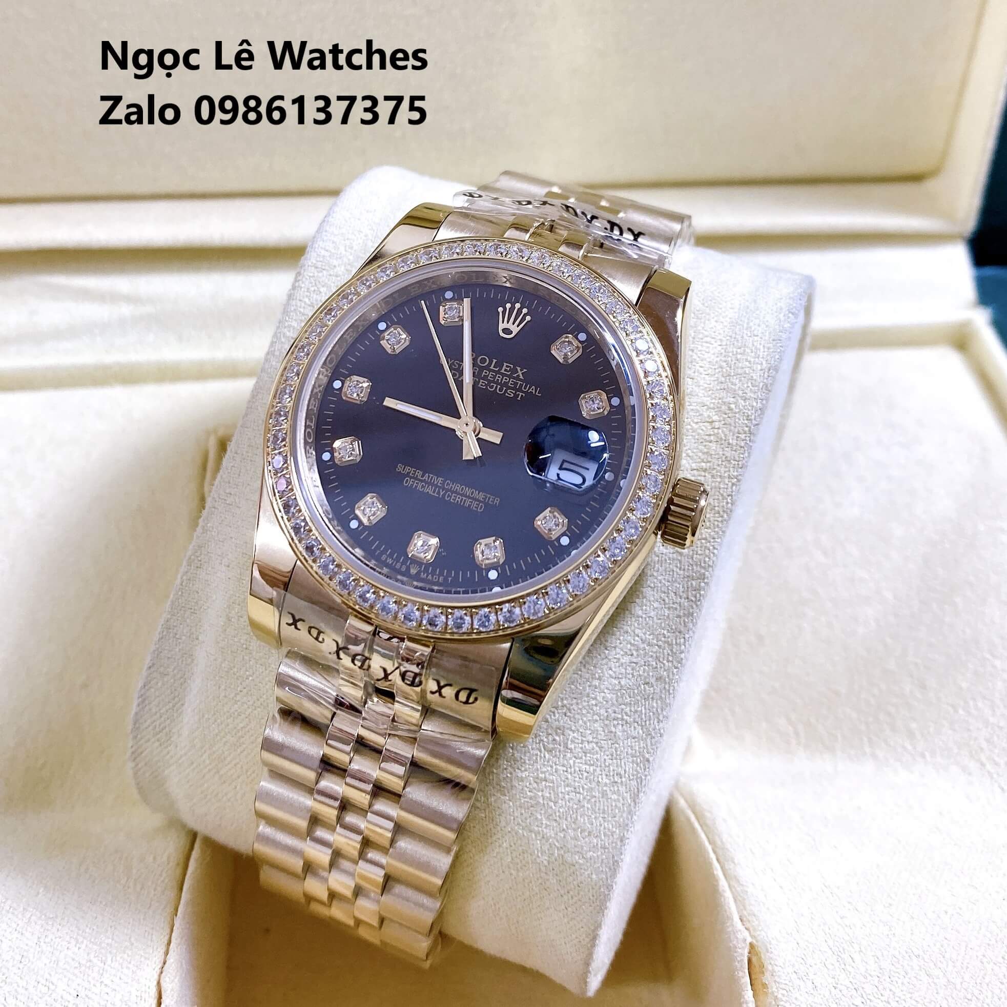 Đồng Hồ Cặp Rolex Datejust Pin Màu Vàng Mặt Đen Viền Đá Size 36mm - 31mm