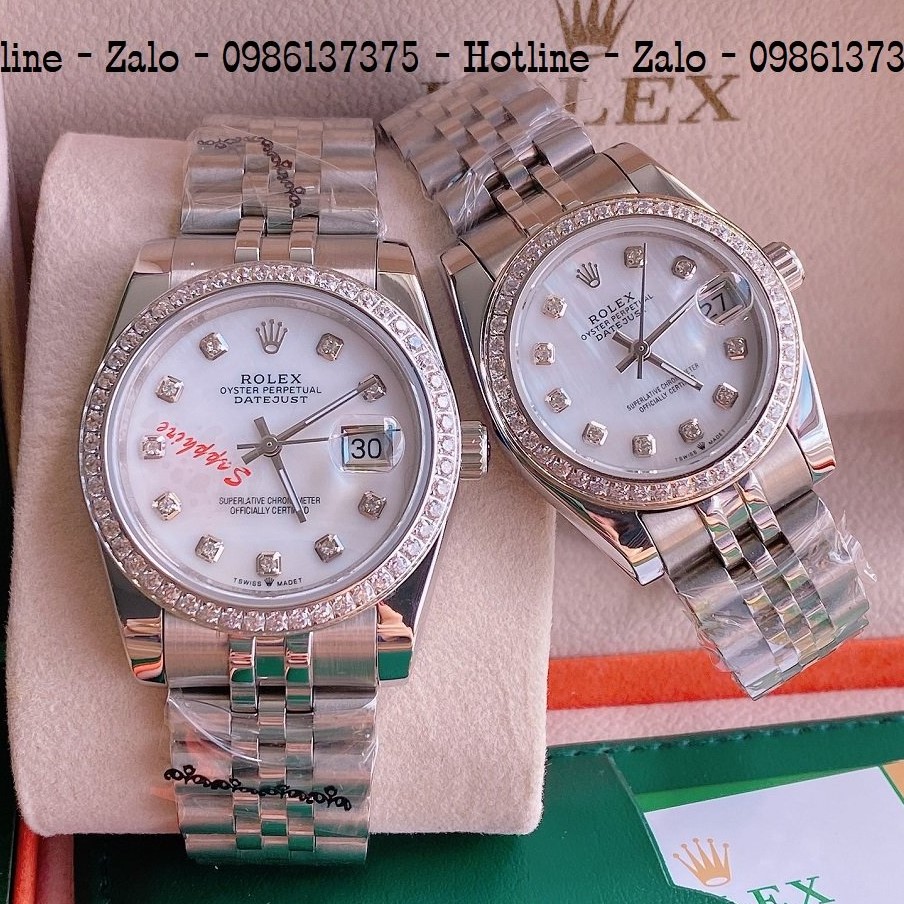 Đồng Hồ Cặp Rolex Viền Đá Dây Bạc Mặt Trắng Ngọc 36mm 32mm