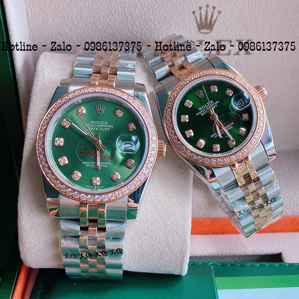 Đồng Hồ Cặp Rolex Viền Đá Dây Demi Mặt Green 36mm 32mm